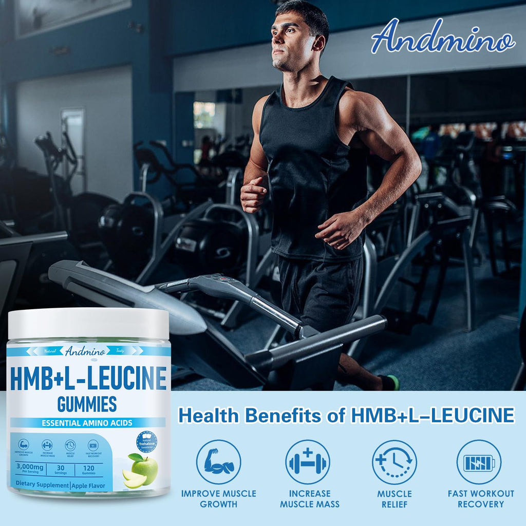 andmino HMB and L-Leucine Gummies, 3000mg, with Trehalose, for Muscle Growth, Muscle Relief and Workout Recovery, for Adults & Elder, Non-GMO, Vegan, Gluten Free, Apple Flavor, 120