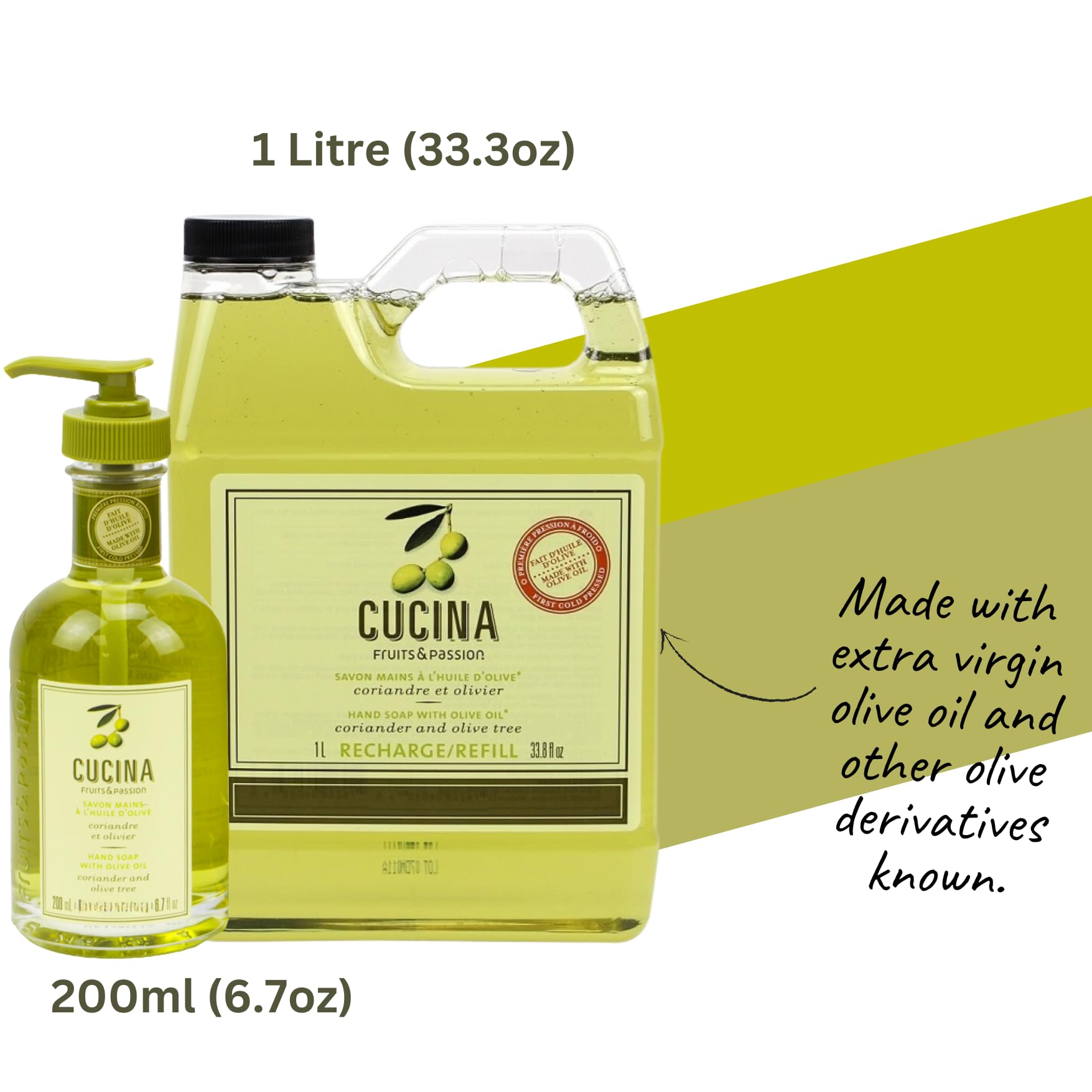 Cucina Fruits & Passion Coriander and Olive Tree Hand Soap Set, 6.7 fl oz Glass Bottle and 33.8 fl oz Refill, Made in Canada