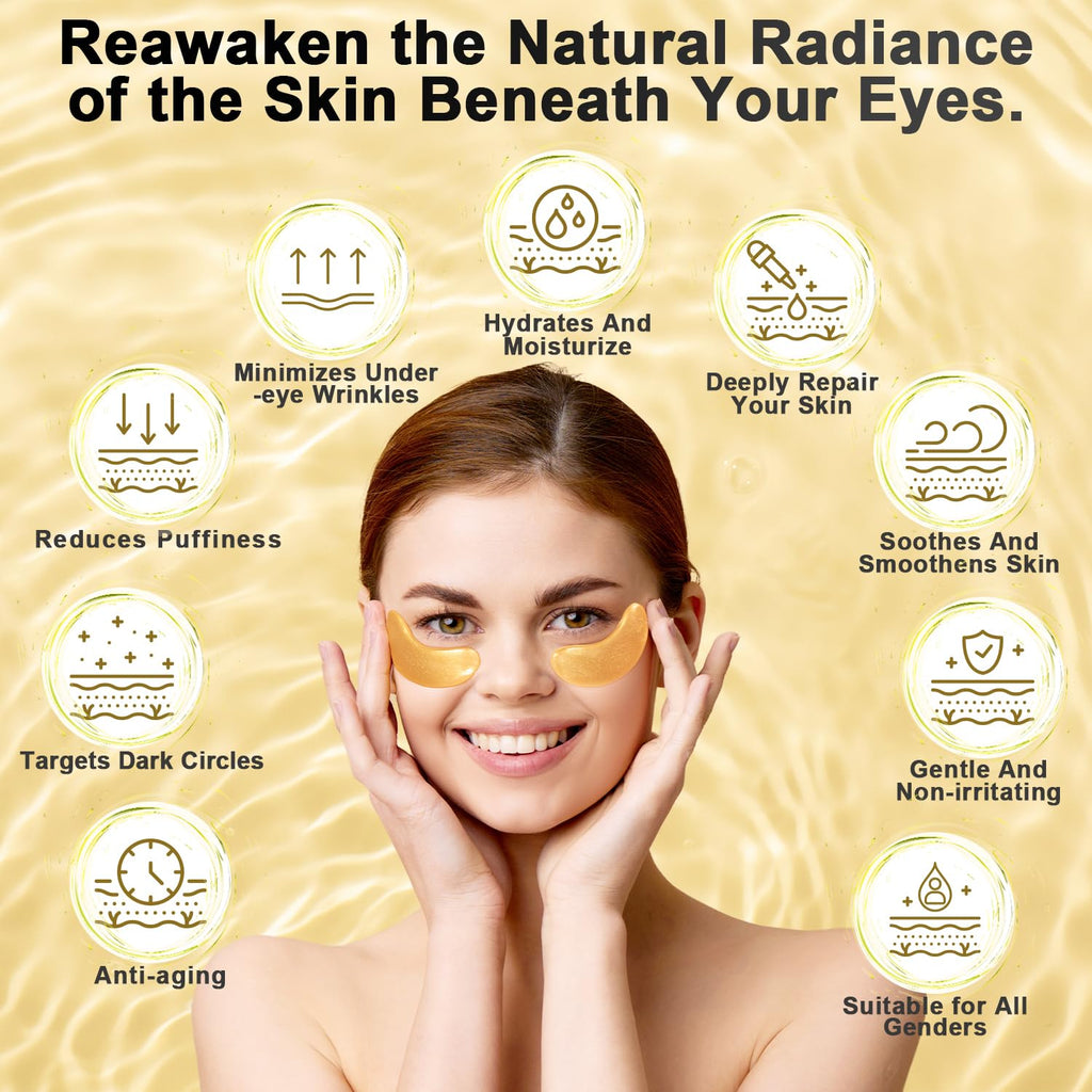 24K Gold Under Eye Patches, 24 Pairs Gel Eye Pads Skincare, Collagen Hyaluronic Acid, Against Dark Circles, Self Care Mask for Bags, Puffiness, Wrinkle Removal, Dermatologically Tested