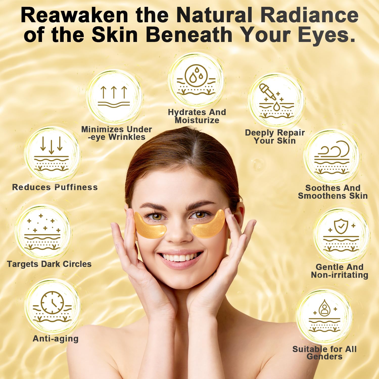 24K Gold Under Eye Patches, 24 Pairs Gel Eye Pads Skincare, Collagen Hyaluronic Acid, Against Dark Circles, Self Care Mask for Bags, Puffiness, Wrinkle Removal, Dermatologically Tested
