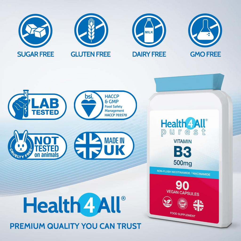 Vitamin B3 Nicotinamide (Niacinamide) 500mg 90 Capsules (V) Purest- no additives. Vegan. No-Flush Niacinamide. Made by Health4All