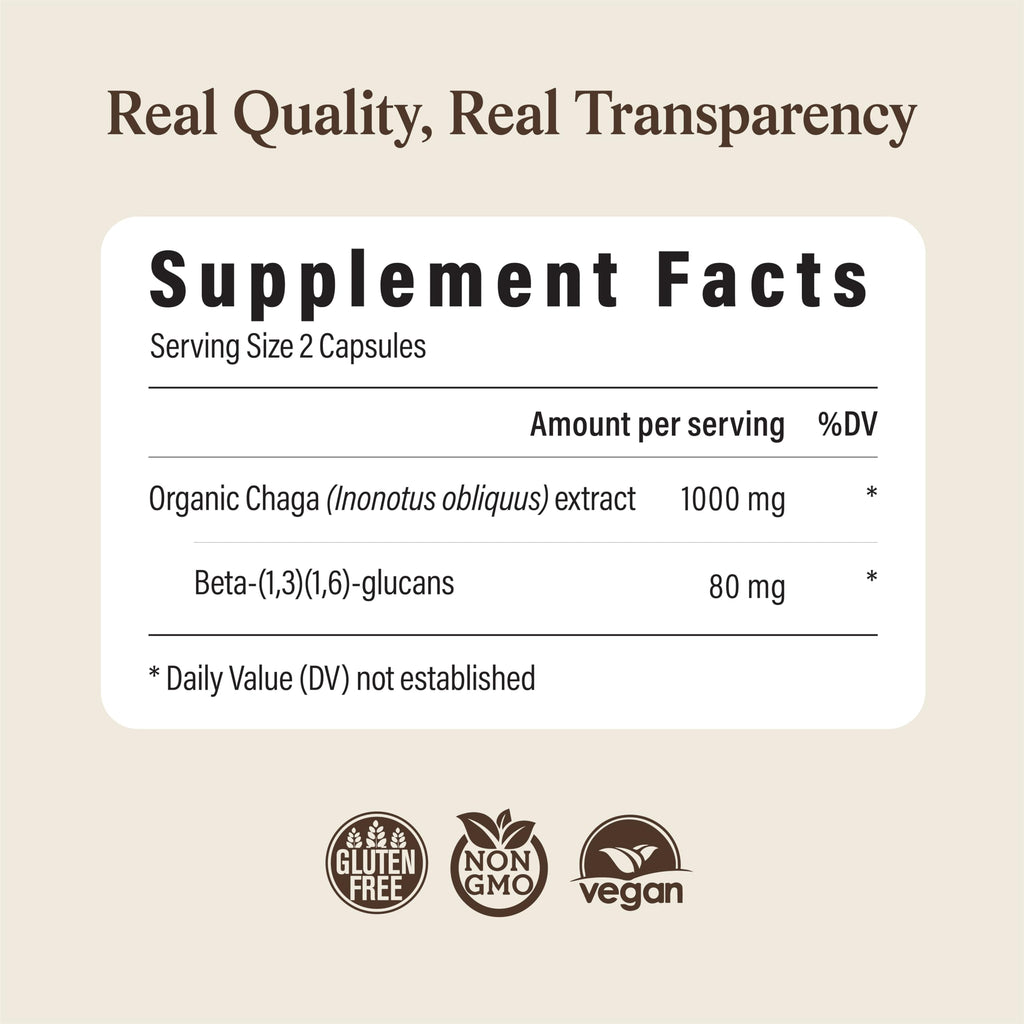 Real Mushrooms Chaga Mushroom Capsules – Organic Chaga Extract Powder with Extract Powder for Wellness & Energy Support– Vegan, Non-GMO, 300 Capsules – Organic Mushroom Supplement