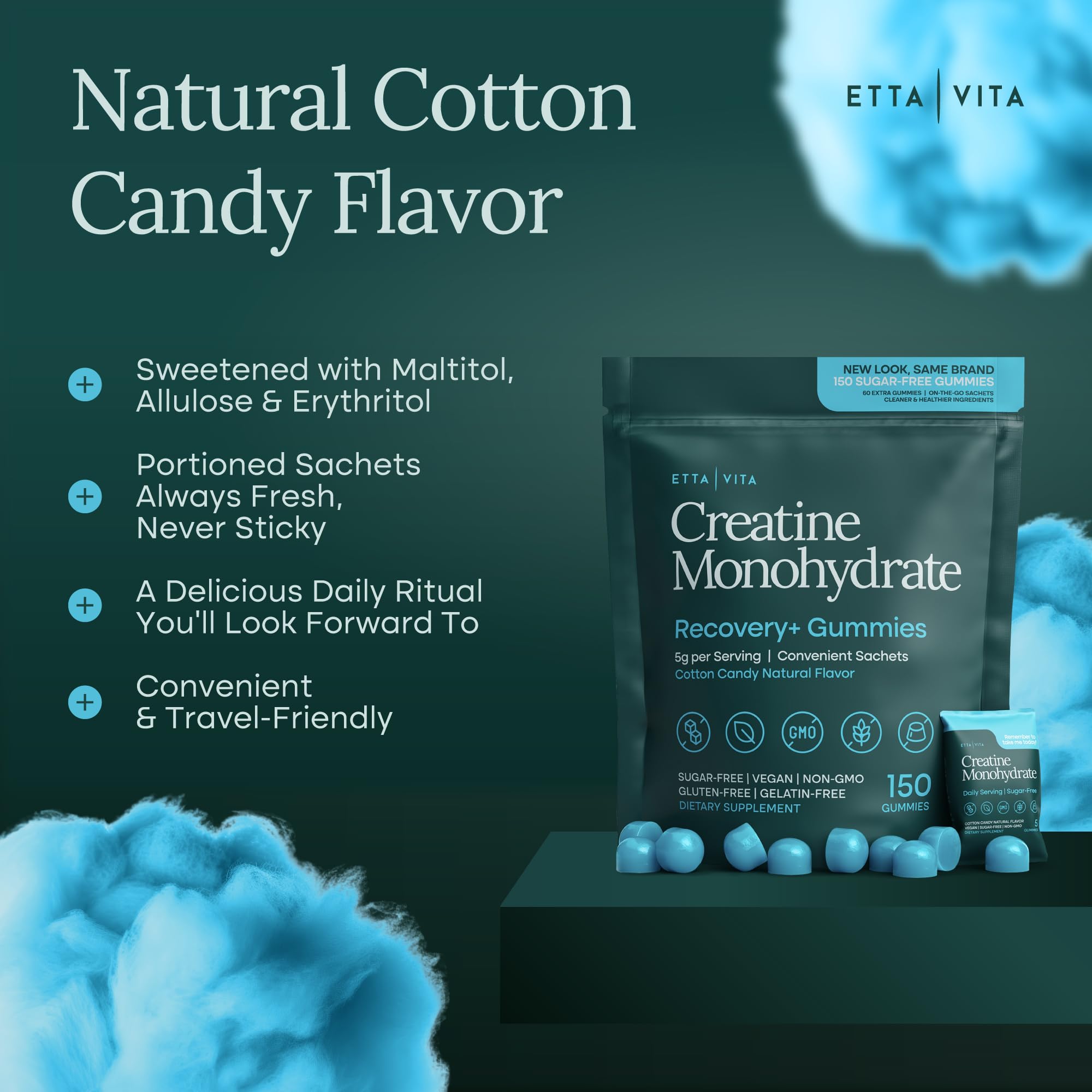 Sugar-Free Creatine Monohydrate Gummies (5g Per Packet) - Potent Creatine Gummies for Men & Women, Supplement for Muscle Support, Cognitive Function - Non-GMO, Gluten-Free, Mucuna Pruriens