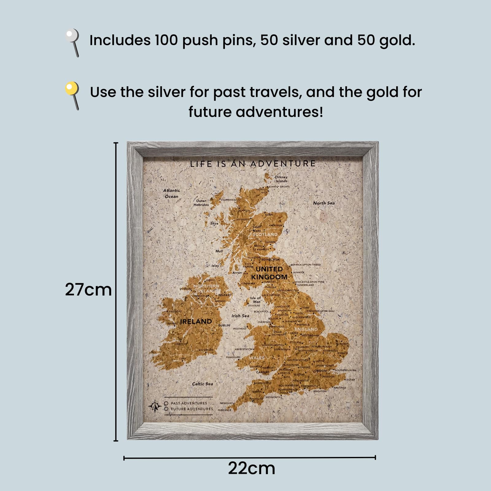 Splosh Travel Map - Desk UK Map Pin Board Grey Cork with Wooden Frame for Desk Personalise and Mark Past & Future Adventures Countries Cities with 100 Pins in 2 Colours the UK & Ireland