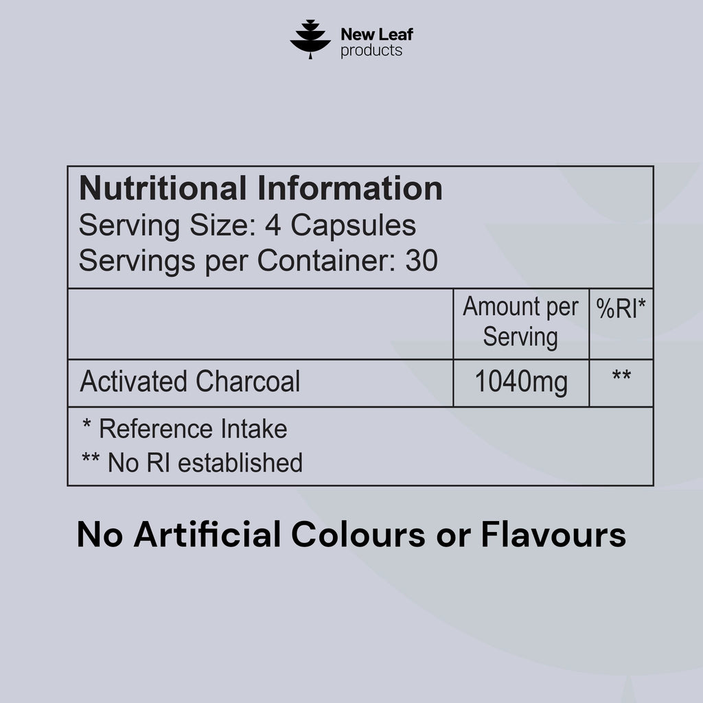 Activated Charcoal Capsules - 120 High Strength Activated Charcoal Tablets Alternative - 1040mg Per Serving, Helps Reduce Excessive Flatulence After Eating - Made in UK By New Leaf