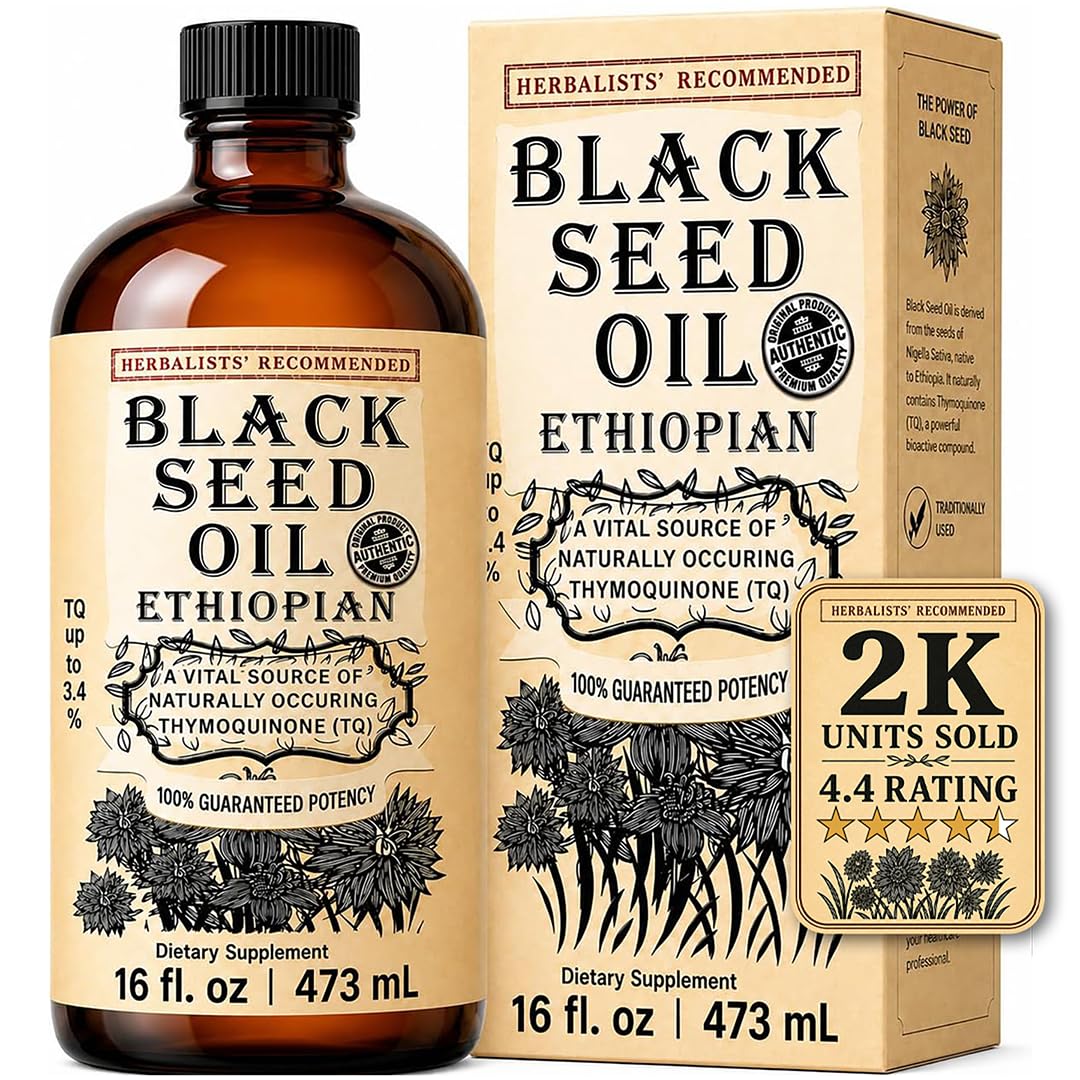 Ethiopian Black Seed Oil 16 oz – Cold-Pressed Nigella Sativa, High Thymoquinone 3.45%, Black Cumin Seed Oil Liquid, 100% Pure Unrefined, Immune Skin Hair & Digestive Support