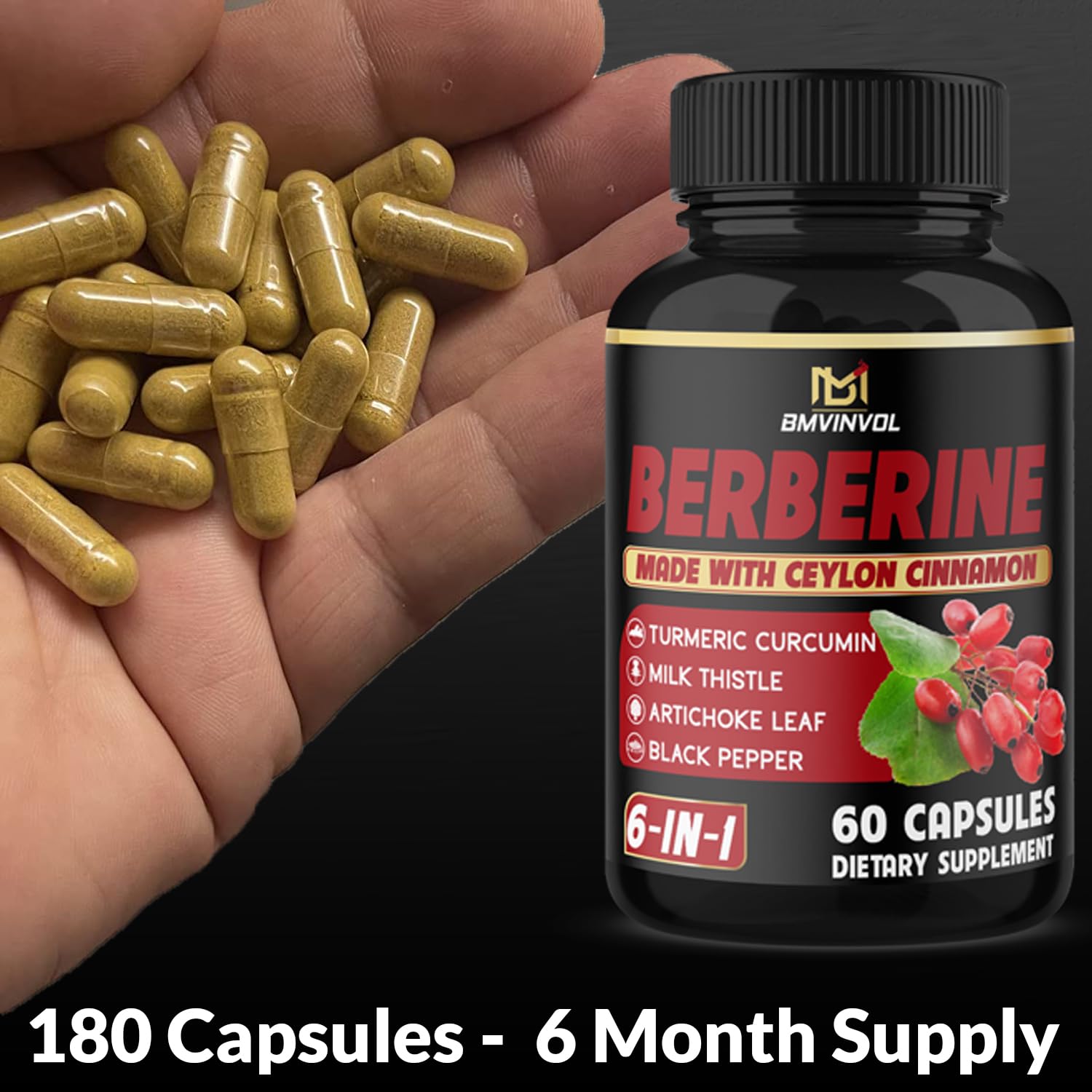 (3 Packs) Berberine Supplement Plus Ceylon Cinnamon, Milk Thistle, Turmeric, Artichoke Leaf, Black Peppe - 6 Month Supply - 180 Capsules Total