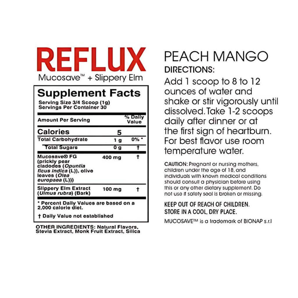 Reflux Digestive Supplement - Peach Mango Flavor - Each Tub = 30 Scoops = 30 Servings - Mucosal Support for Acid Issues - with Mucosave FG and Slippery Elm Bark (1 Tub)