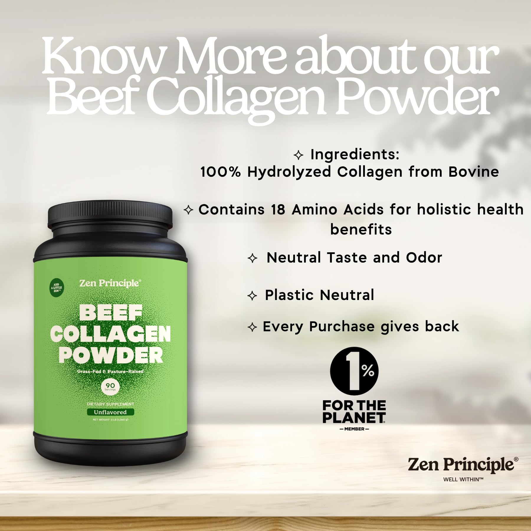 Zen Principle Grass-Fed Agglomerated Hydrolyzed Collagen Peptides 3 lb. Anti-Aging Protein for Healthy Hair, Skin & Joints. Paleo Friendly, GMO and Gluten Free, Pasture-Raised Bovine.