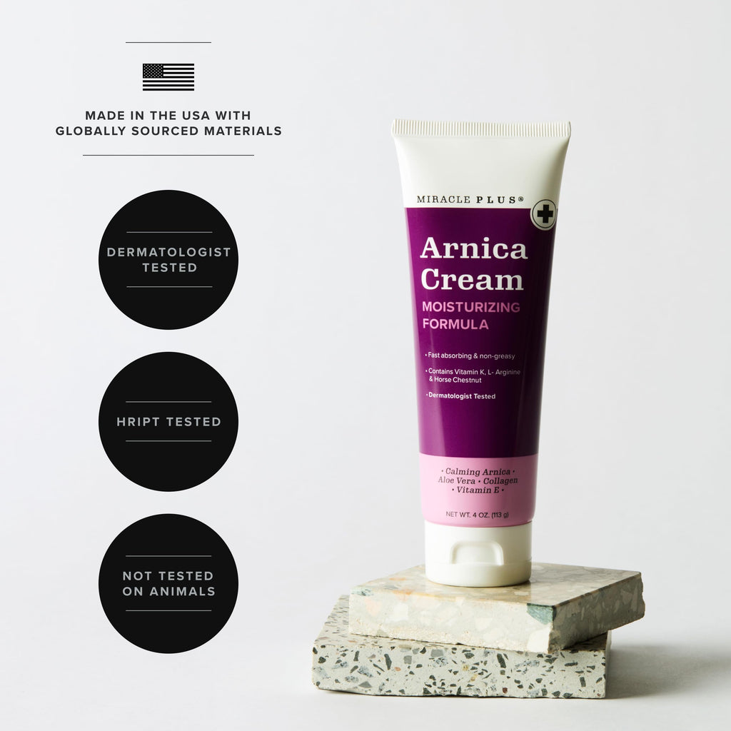 Miracle Plus Arnica Cream Bruise Relief Lotion For Bruising | Arnica Montana Extra Strength Vitamin K Cream | Moisturizing Formula Skin Care Gel With Horse Chestnut, 4 Fl Oz