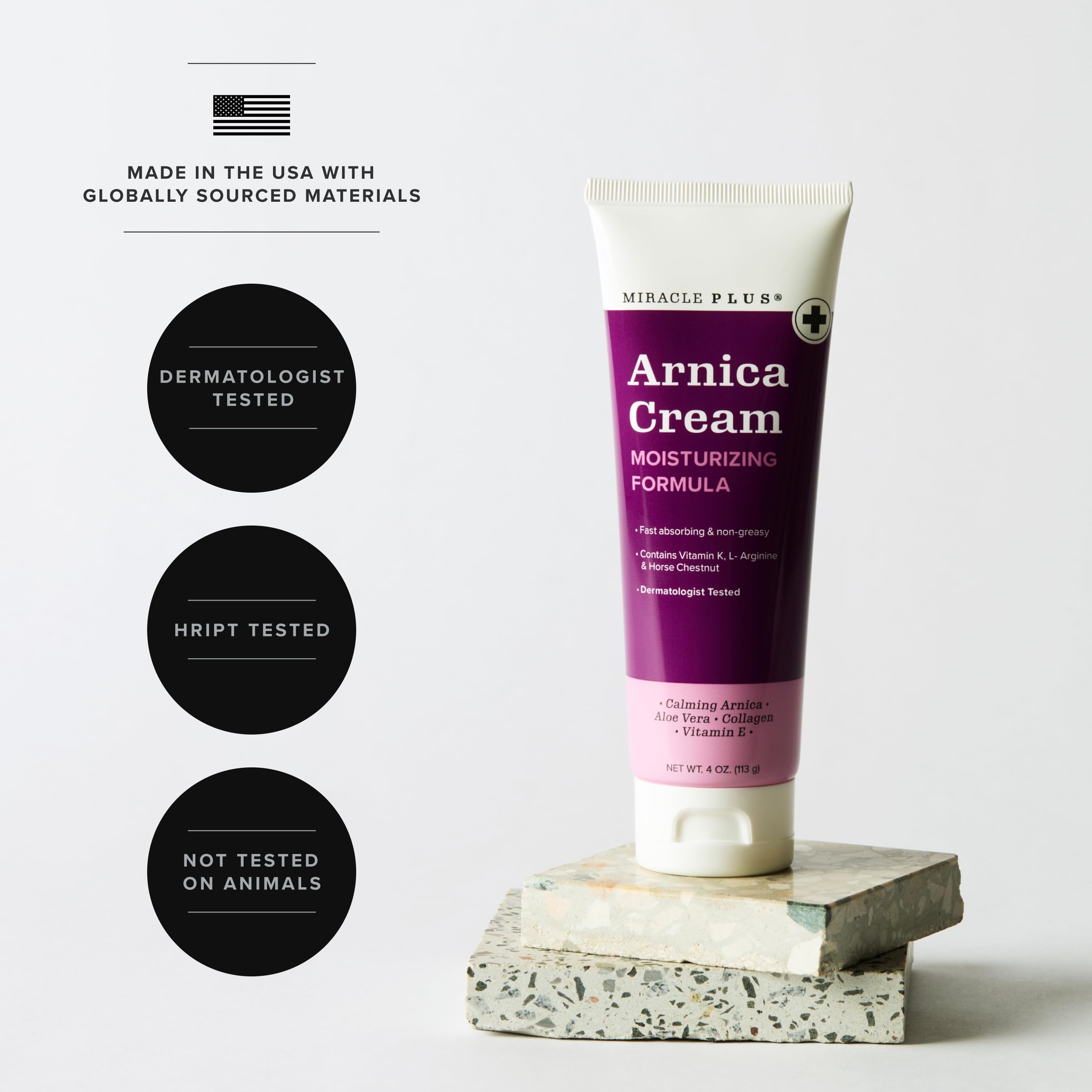 Miracle Plus Arnica Cream Bruise Relief Lotion For Bruising | Arnica Montana Extra Strength Vitamin K Cream | Moisturizing Formula Skin Care Gel With Horse Chestnut, 4 Fl Oz