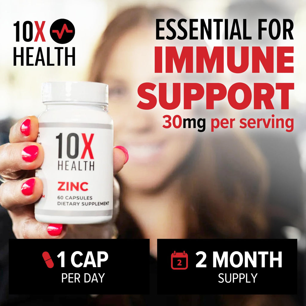 10X Health Zinc Supplements - Contains Zinc 30mg for DNA & Protein Synthesis, Overall Wellness & Immune Support Supplement - Highly Absorbable Vitamins (60 Capsules)