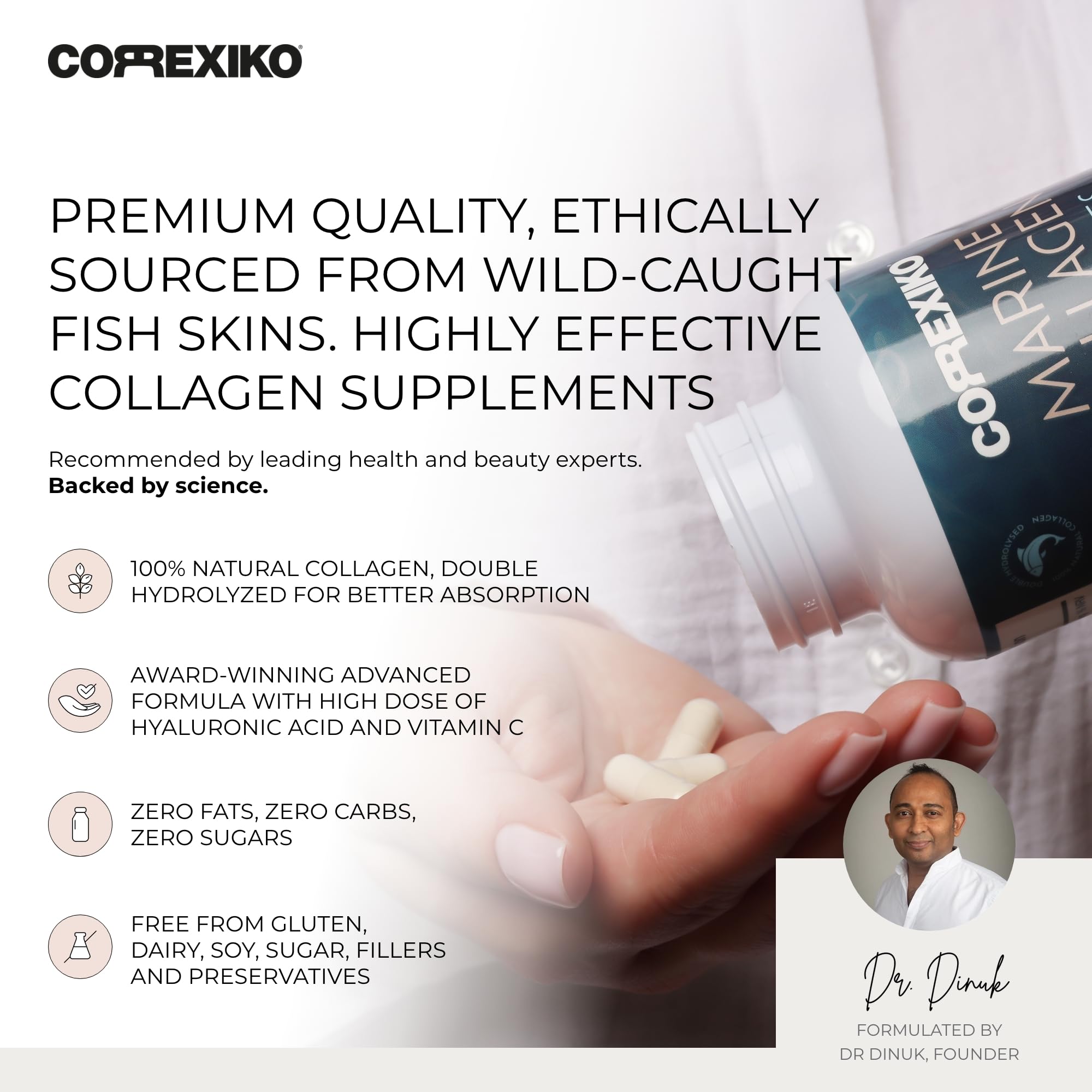 CORREXIKO Marine Collagen Supplement Pills - 1800mg Hydrolyzed Collagen Peptides per Serving with Added Hyaluronic Acid, Vitamin C & Minerals - for Hair, Skin & Nails - 120 Capsules 30 Day Supply