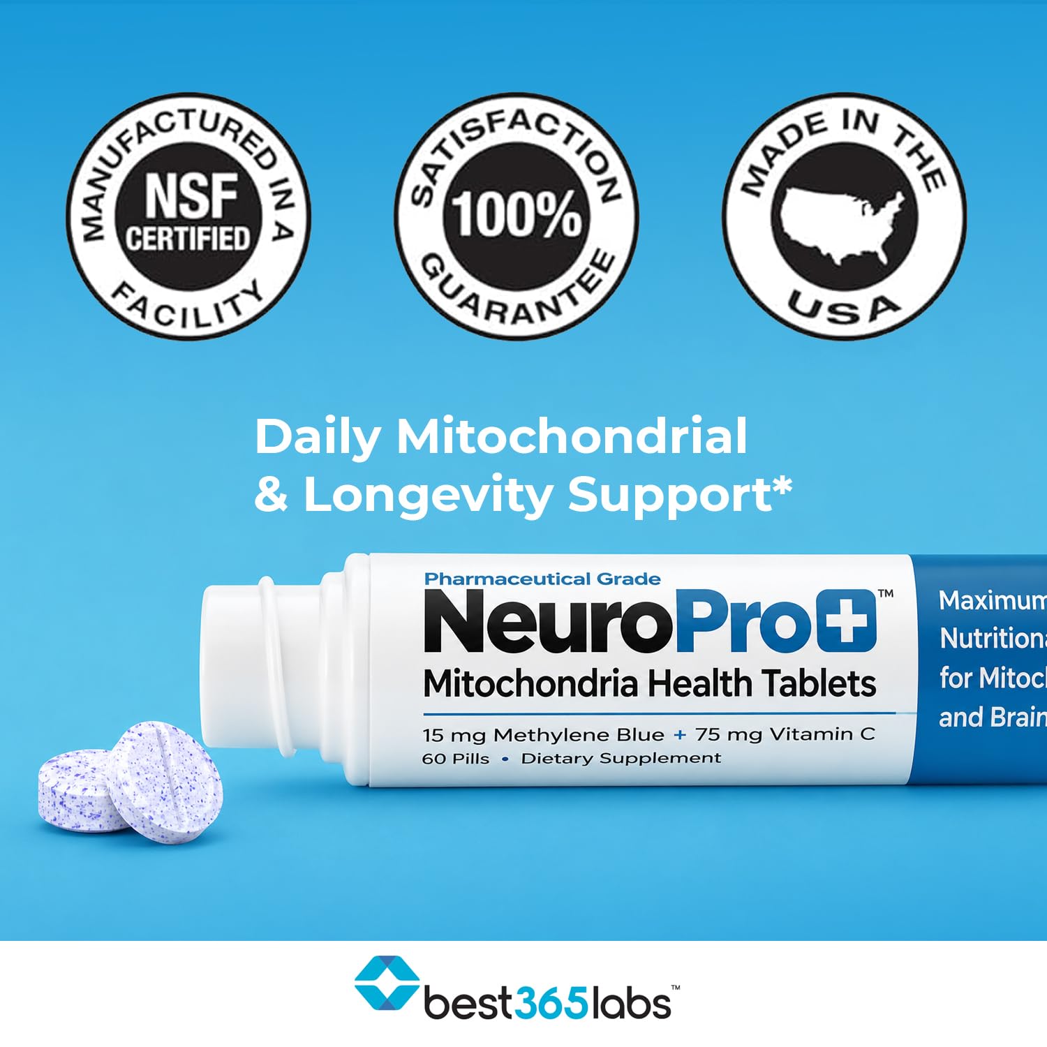 Best 365 Labs NeuroPro+ | Methylene Blue & Vitamin C Complex | Supports Mitochondrial Energy & Mental Clarity | 60 Tablets