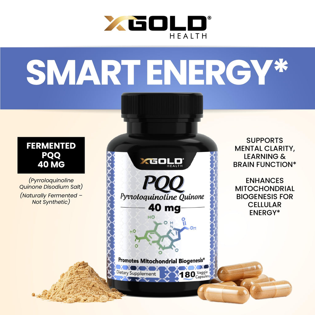 X Gold Health PQQ 40mg Supplement – Mitochondrial Energy Booster & Cellular Energy Support – Pyrroloquinoline Quinone – Brain & Focus Support – Non-GMO, Gluten-Free – 180 Veg Capsules