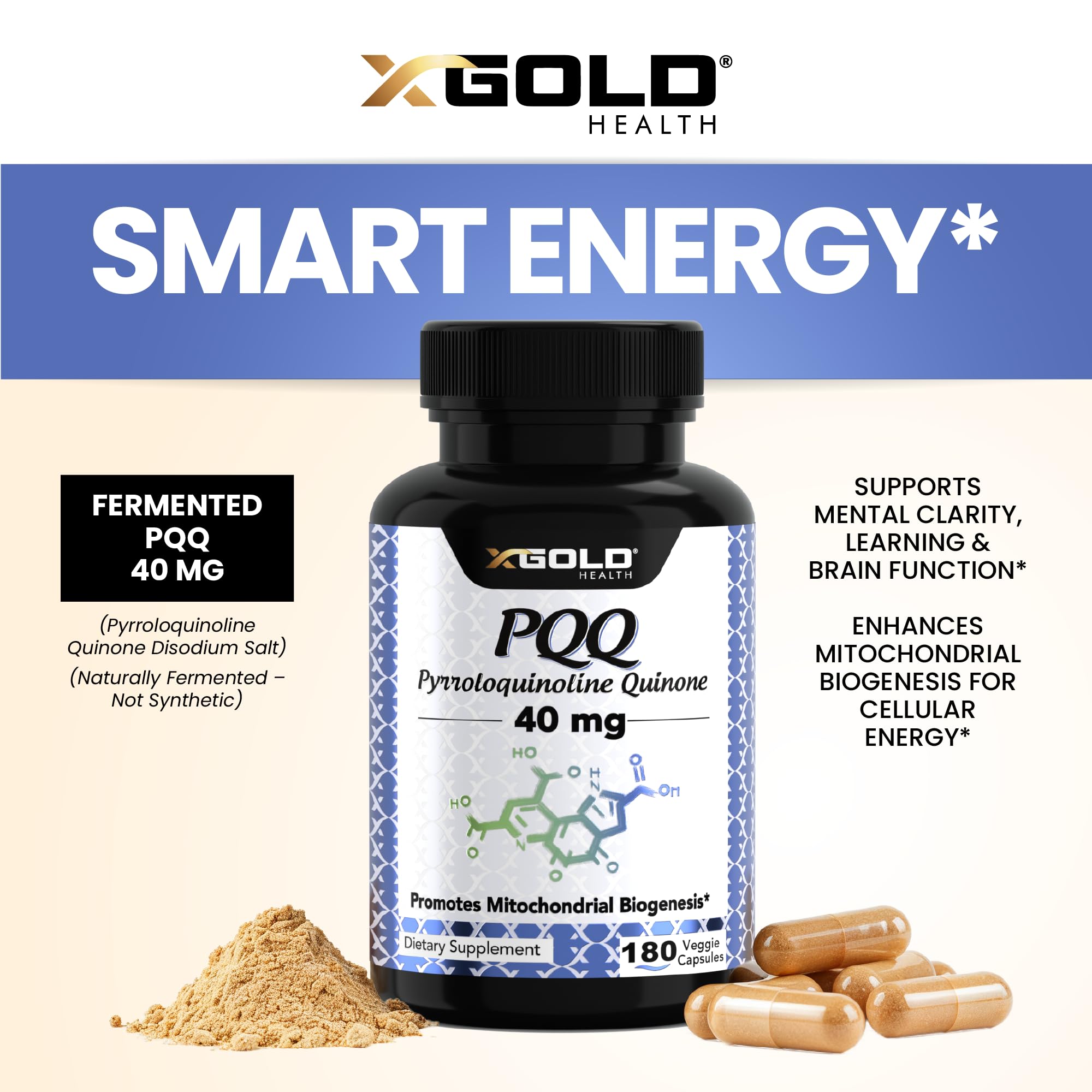 X Gold Health PQQ 40mg Supplement – Mitochondrial Energy Booster & Cellular Energy Support – Pyrroloquinoline Quinone – Brain & Focus Support – Non-GMO, Gluten-Free – 180 Veg Capsules