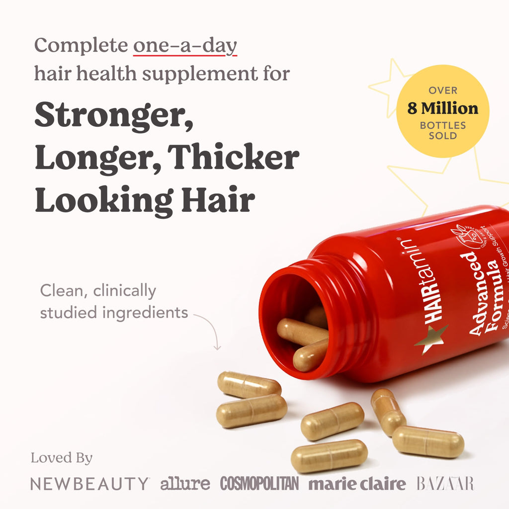 HAIRtamin Advanced Formula Hair Growth Supplement for Women & Men, Supports Stronger, Longer, Visibly Thicker Hair, with 5000 mcg Biotin, Vitamins & Antioxidants, 100% Vegan – 3 Month Supply