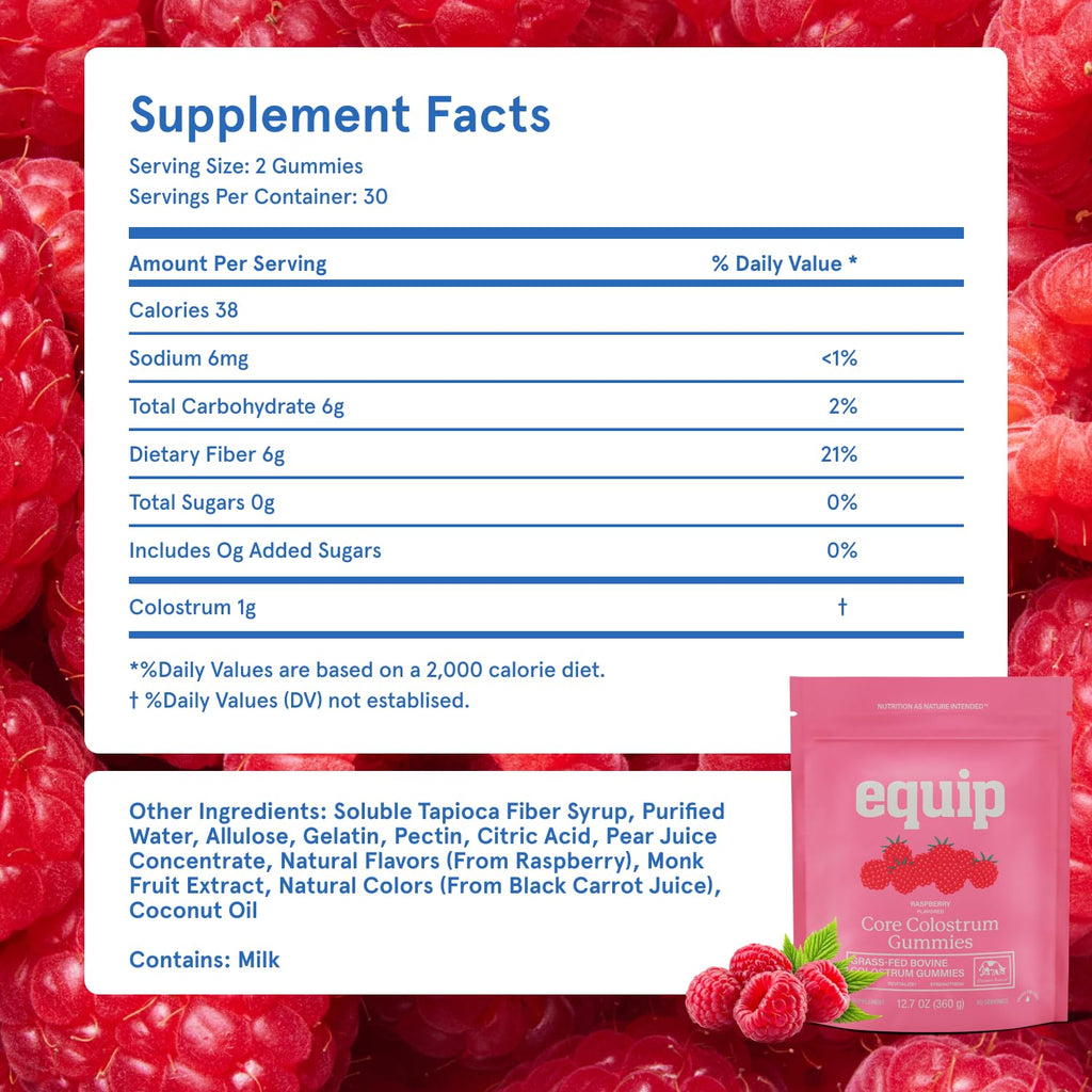 Equip Foods Core Bovine Colostrum Gummies - Delicious 1g Per Seving Grass Fed Colostrum Supplement - Gut Health, Immunity, Recovery, Hair & Skin - 60 Bovine Colostrum Gummies, 30 Servings, Raspberry