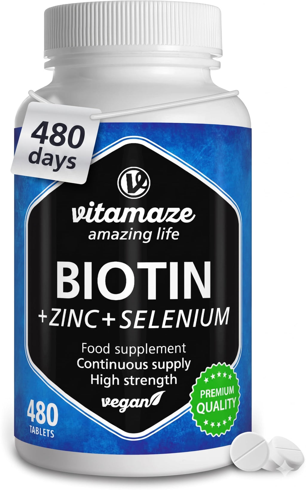Biotin Hair Growth 480 Tablets (+1 Year Supply) with Selenium + Zinc. Biotin 10.000mcg for Hair Growth, Skin and Nails Nourishment, Vegan Small Tablets, German Quality, Vitamaze®