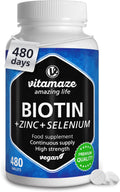Biotin Hair Growth 480 Tablets (+1 Year Supply) with Selenium + Zinc. Biotin 10.000mcg for Hair Growth, Skin and Nails Nourishment, Vegan Small Tablets, German Quality, Vitamaze®