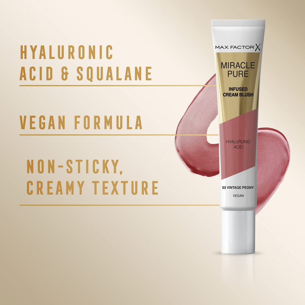 Max Factor Miracle Pure Cream Blush 03 Vintage Peony, Moisturising, Plumps & Hydrates, Buildable Glow, Infused with Hyaluronic Acid & Squalene, Fresh & Healthy Looking Skin, 100% Vegan