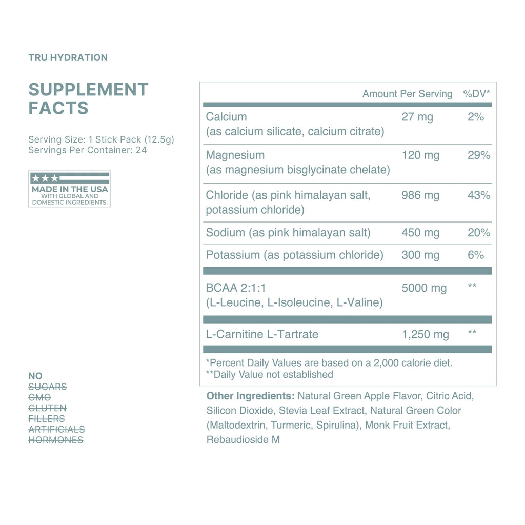 TRU Supplements Hydration Complete BCAA, Plant Based Amino Acids + Pink Himalayan Salt, Electrolytes & L-Carnitine, Vegan, Zero Calories, No Artificial sweeteners, 24 Servings, Green Apple