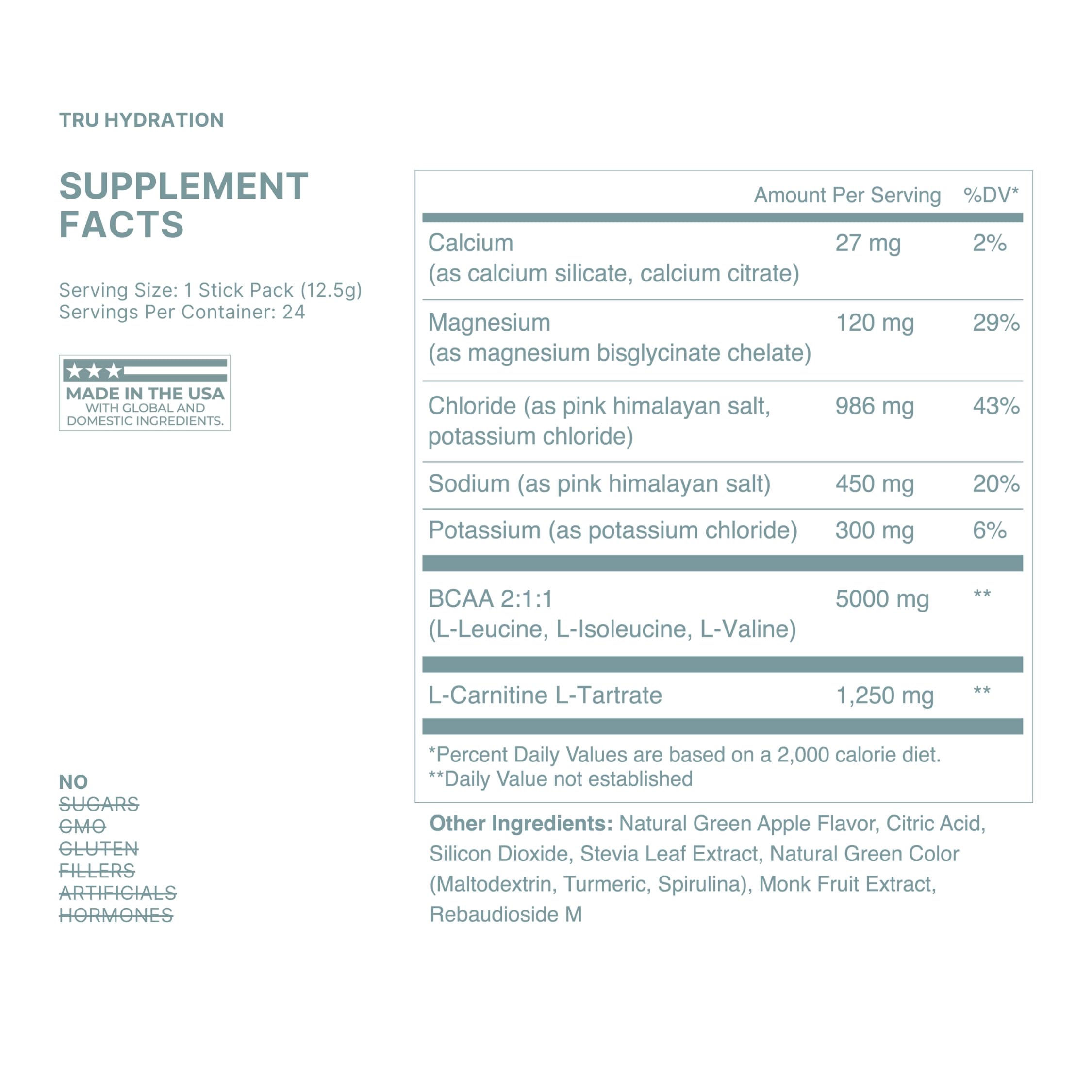 TRU Supplements Hydration Complete BCAA, Plant Based Amino Acids + Pink Himalayan Salt, Electrolytes & L-Carnitine, Vegan, Zero Calories, No Artificial sweeteners, 24 Servings, Green Apple