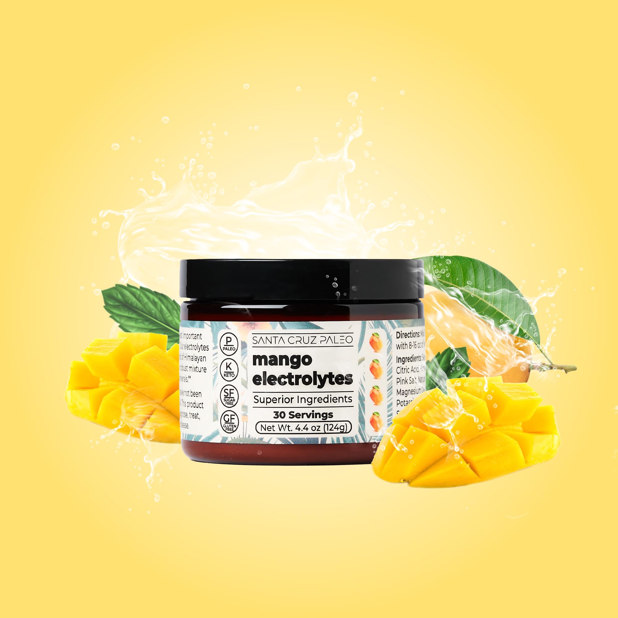 Santa Cruz Paleo Electrolyte Powder, Mango Flavor, Sugar Free Hydration Drink Mix with Himalayan Pink Salt, Sea Salt, Magnesium Glycinate, Potassium Chloride, Sweetened with Stevia, 30 Servings