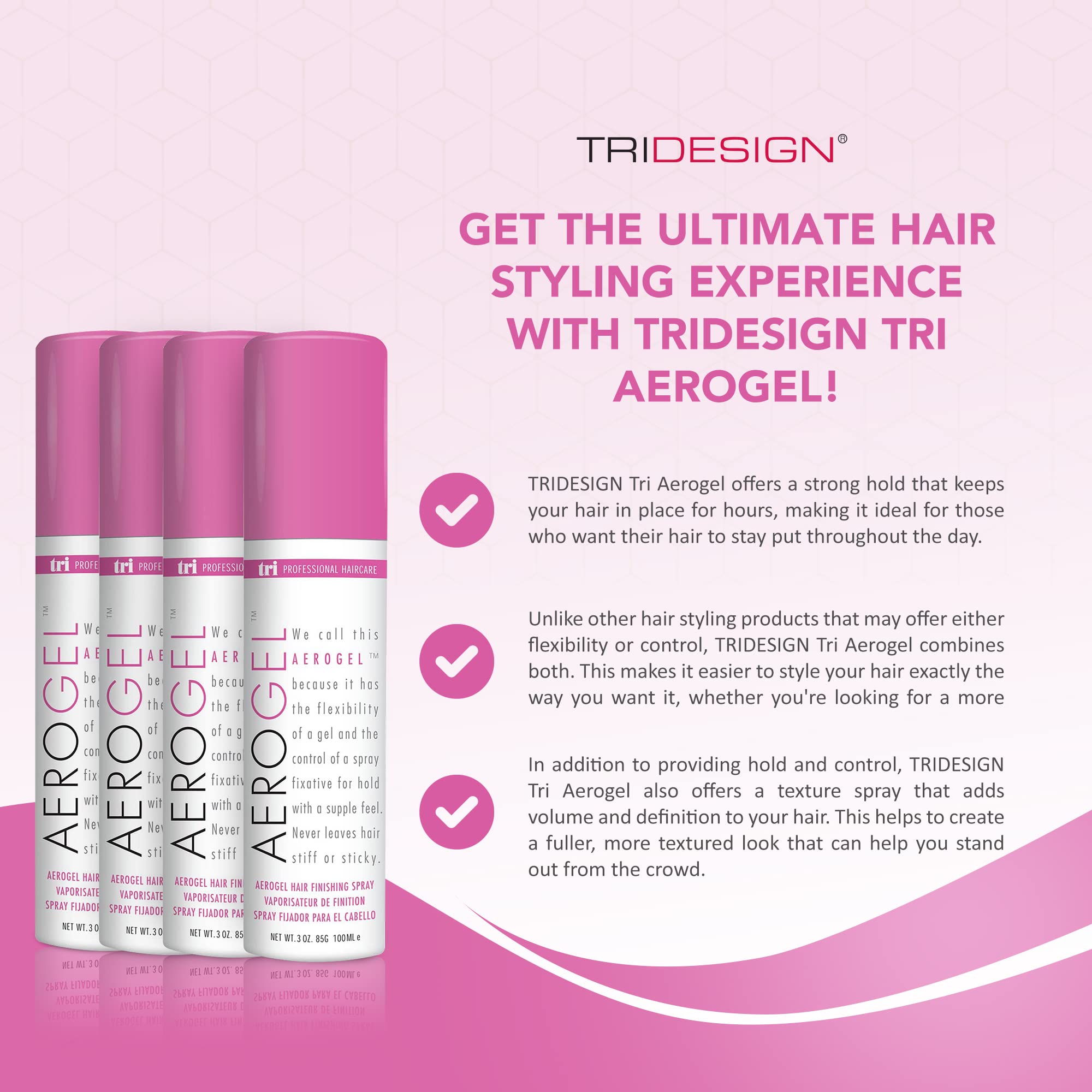 TRI Design Aerogel Hairspray - Strong Hold Hair Finishing Spray for Volumizing & Control, Flexible Styling for All Hair Types, Non-Sticky and Scented - For Women and Men - Travel Size Pack of 4 (3 Oz)