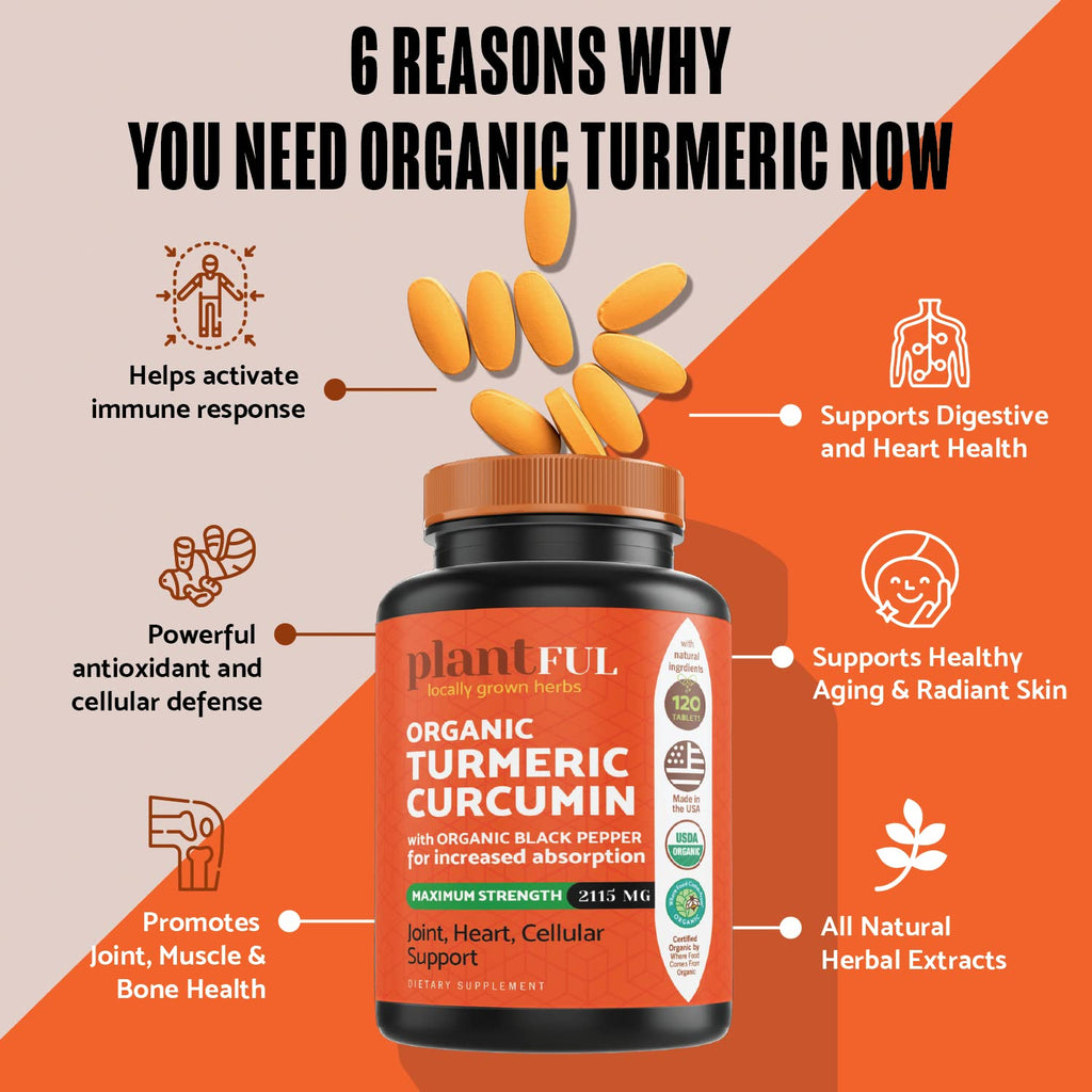 Organic Turmeric Supplement with Black Pepper Highest Potency USDA Certified [Non-GMO Organic Curcumin 2115mg] Antioxidant Joint & Immune Support 120 Tablets