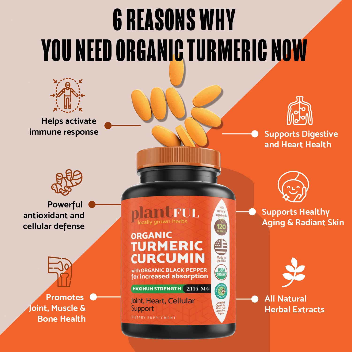 Organic Turmeric Supplement with Black Pepper Highest Potency USDA Certified [Non-GMO Organic Curcumin 2115mg] Antioxidant Joint & Immune Support 120 Tablets