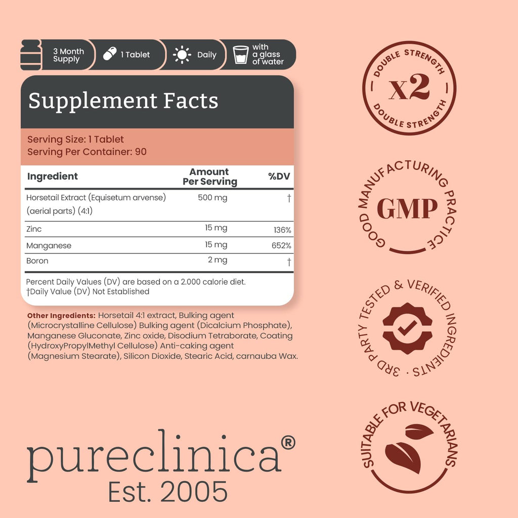 Double Strength Silica Complex – 500mg Horsetail Extract (4:1) per Tablet – 90 Tablets – 3 Month Supply – with Zinc, Manganese & Boron