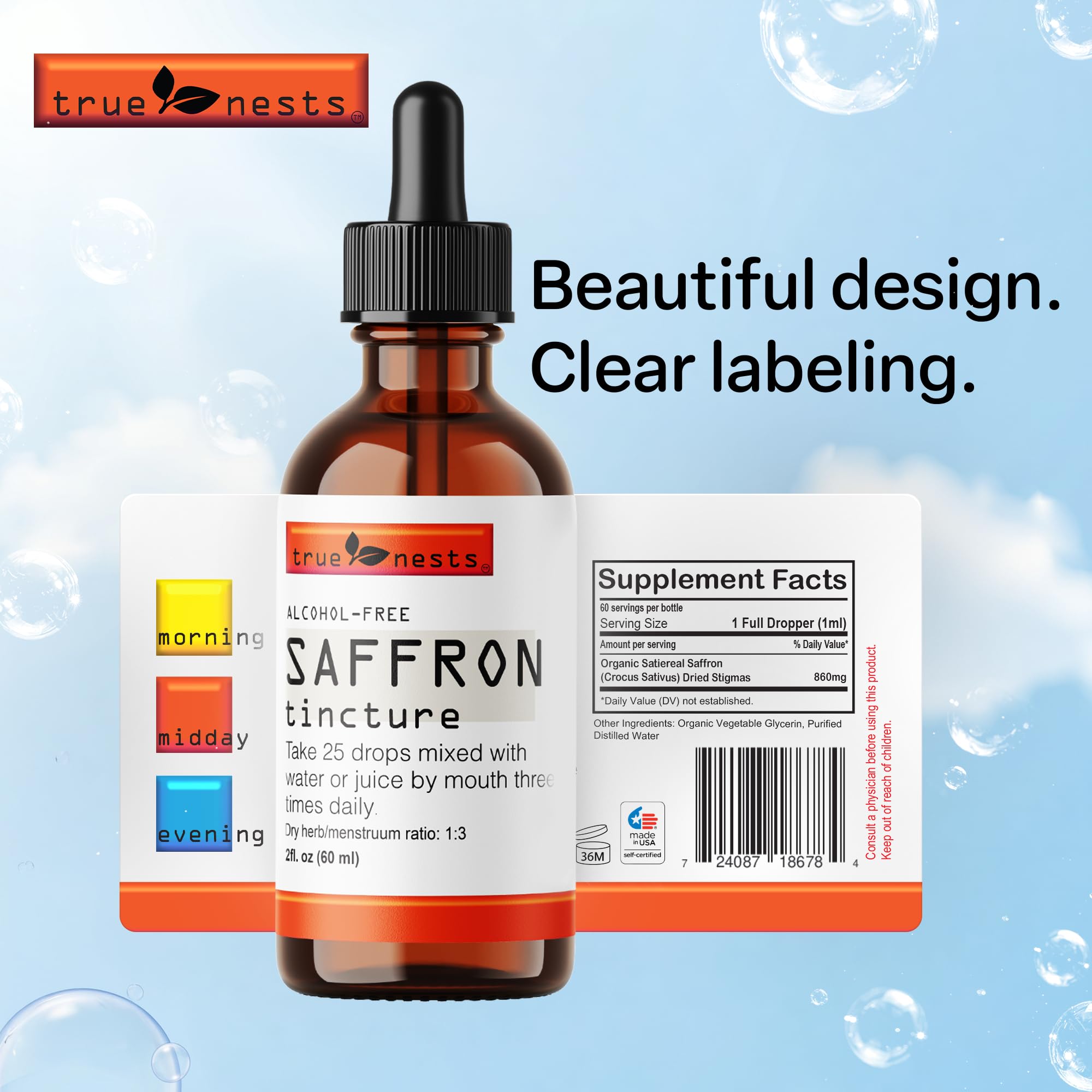 True Nests Saffron Extract Liquid Drops, Alcohol-Free Saffron Tincture, Pure Saffron Extract, Vegan, Non-GMO, 4 oz