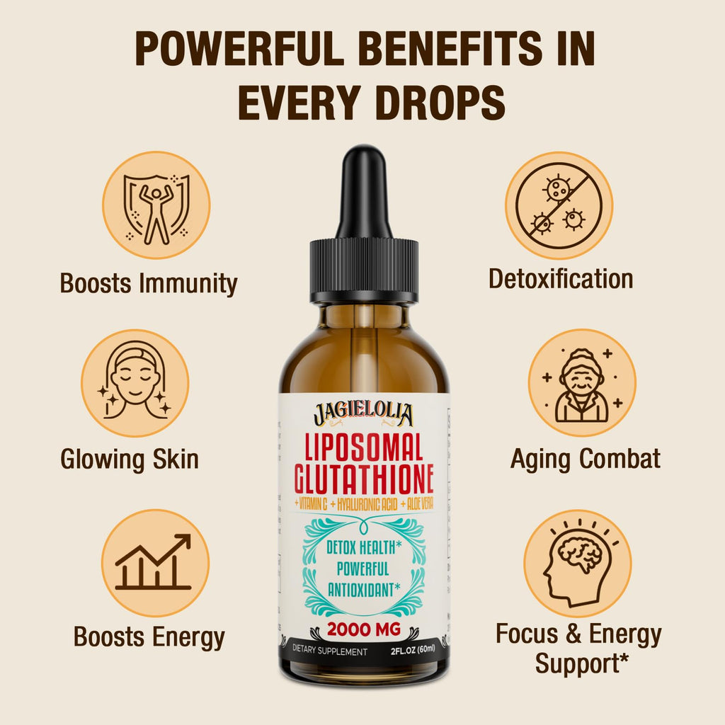 Jagielolia 2000MG Liposomal Glutathione Liquid, Made in The USA, Reduced Glutathione Supplement, Enhanced Absorption, Non-GMO, Powerful Antioxidant for Immune System, Energy, Aging Defense, 4 Floz