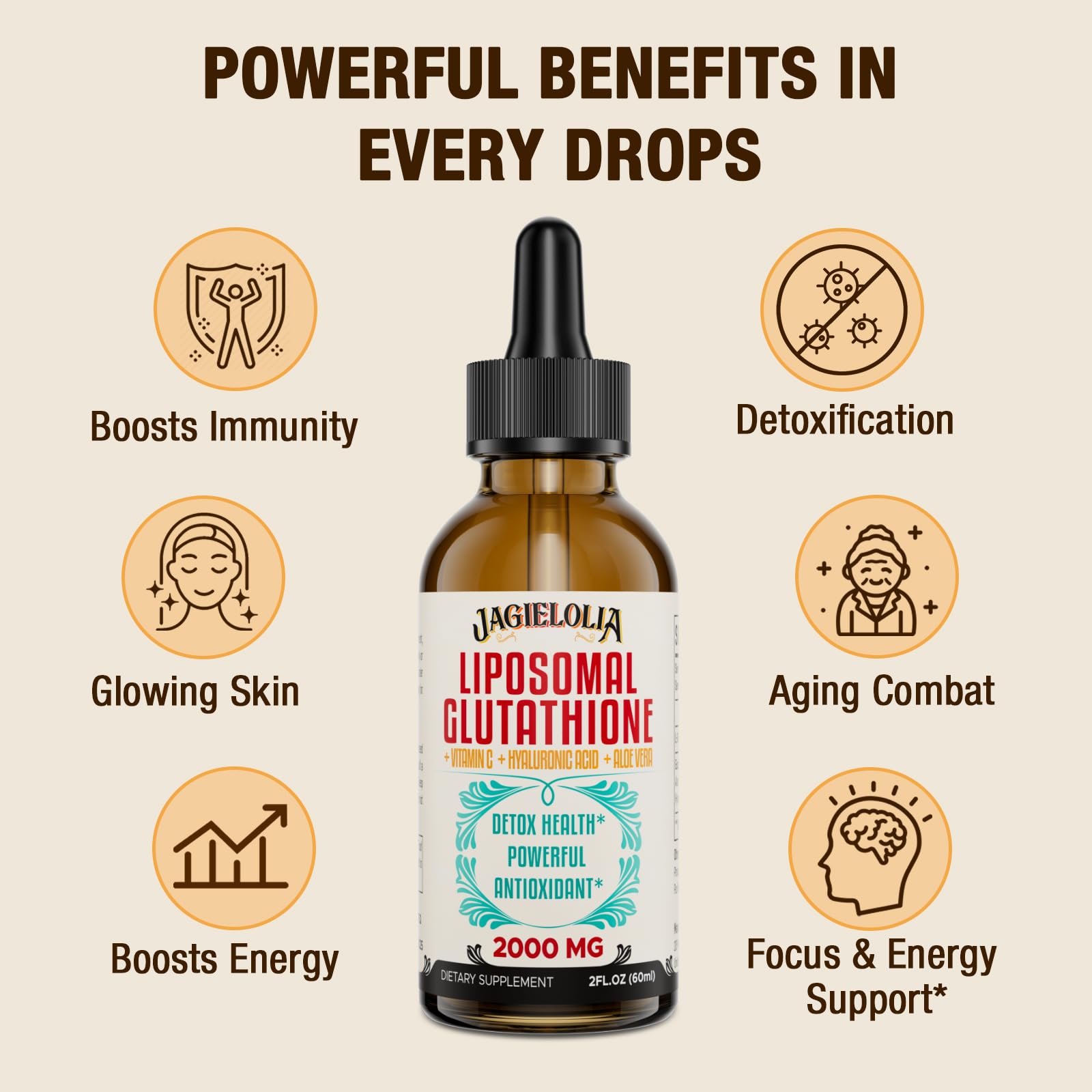 Jagielolia 2000MG Liposomal Glutathione Liquid, Made in The USA, Reduced Glutathione Supplement, Enhanced Absorption, Non-GMO, Powerful Antioxidant for Immune System, Energy, Aging Defense, 4 Floz