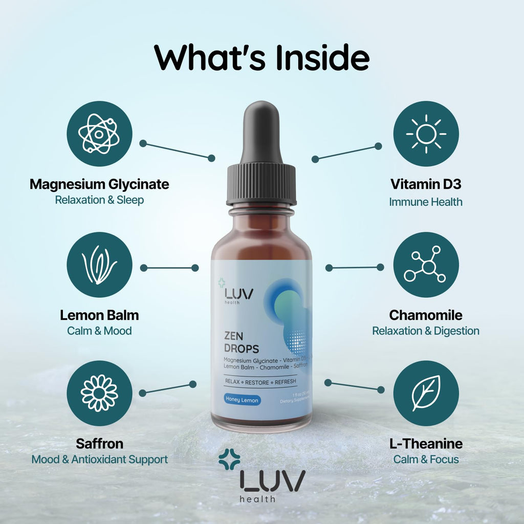 LUV Zen Drops: Anxiety and Stress Support Drops with Magnesium Glycinate, Vitamin D3, Lemon Balm, Chamomile, Saffron, L-Theanine. Keto, Vegan, USA Made, Non-GMO, 30 Servings (1)