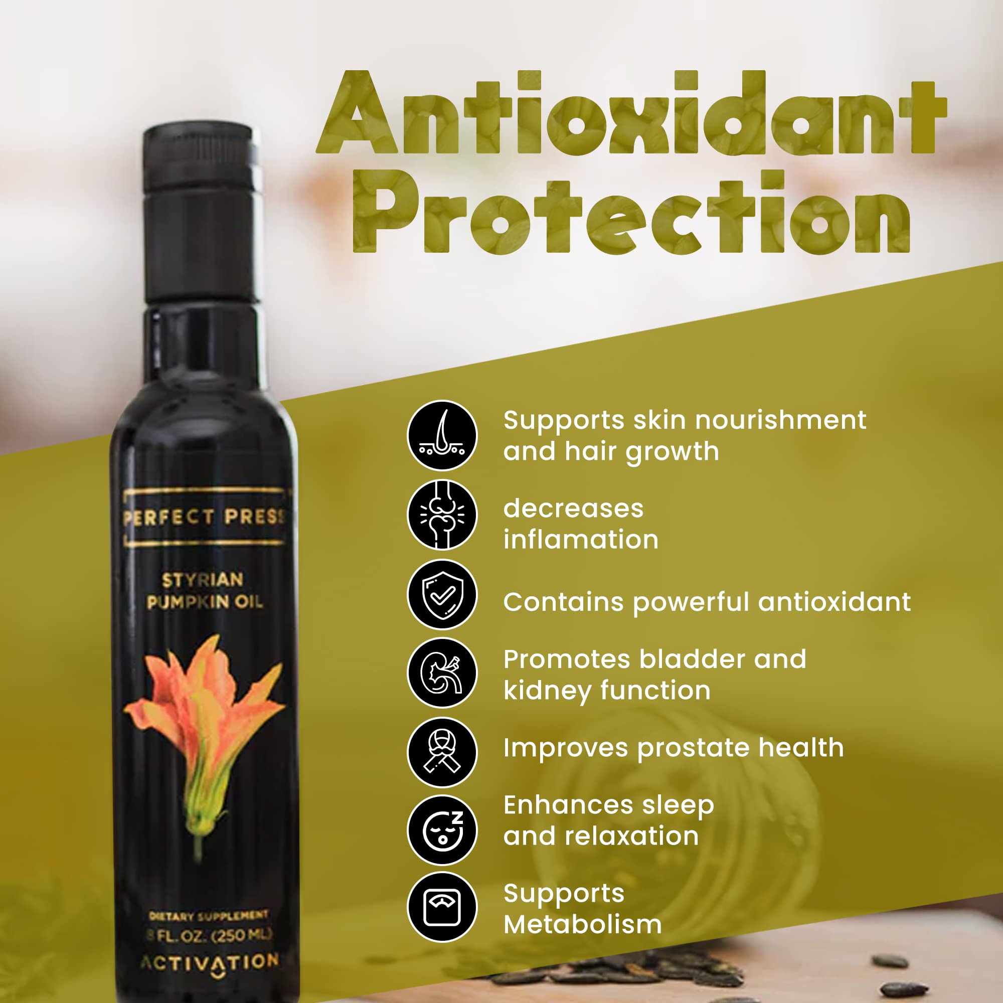 Activation Products, Perfect Press Styrian Pumpkin Oil – Powerful Antioxidant Pumpkin Seed Supplement – Organic, Vegan Liquid Pumpkin Seed Oil for Prostate, Bladder and Kidney Health, 250ml / 8 Fl.Oz.