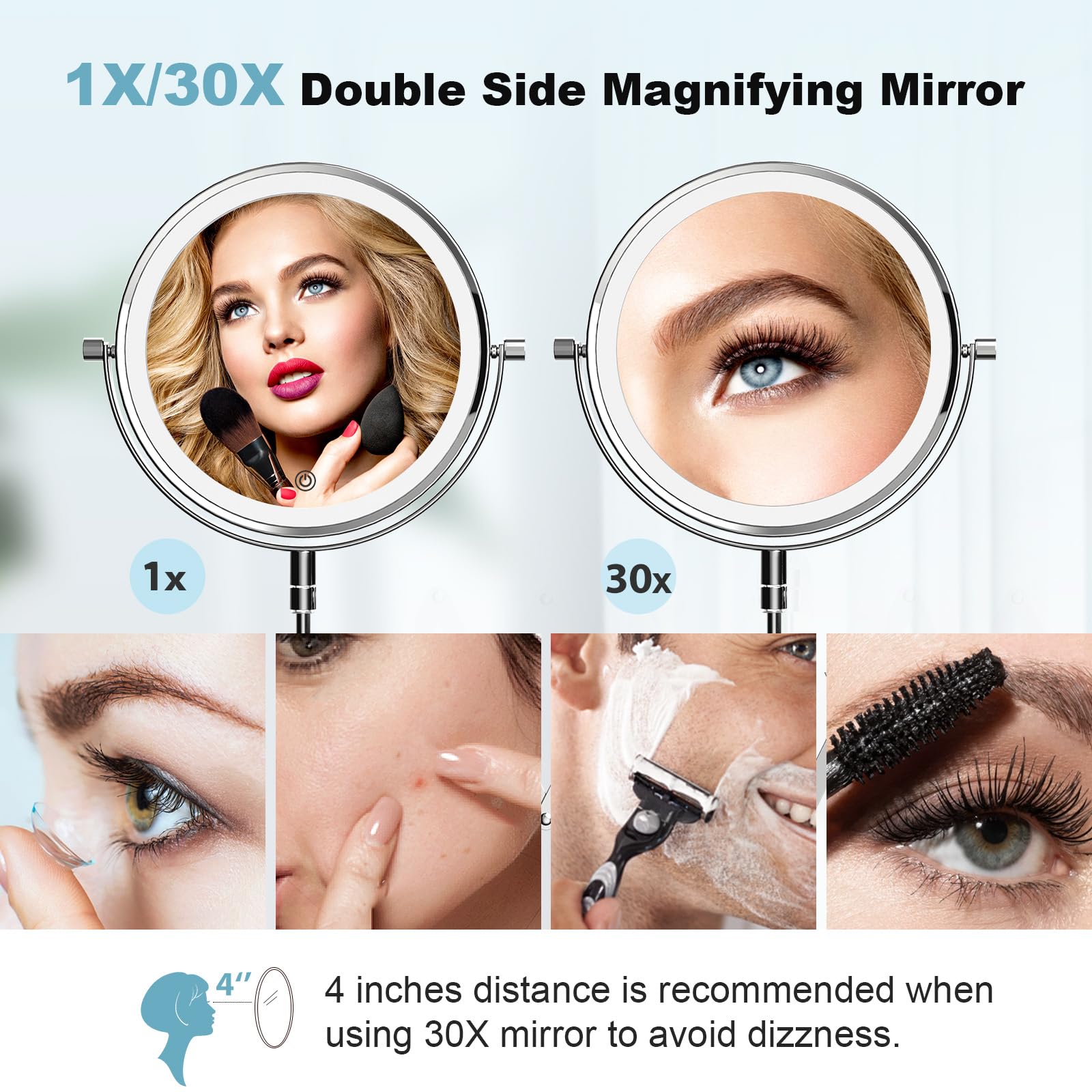 5000mAh Rechargeable Wall Mounted Makeup Mirror - 8 Inch Double Sided 1X/30X Magnifying Mirror with 3 Color Lights Dimmable Touch Screen, 360°Swivel 19.6 Inch Extendable Accordion Bathroom Mirror
