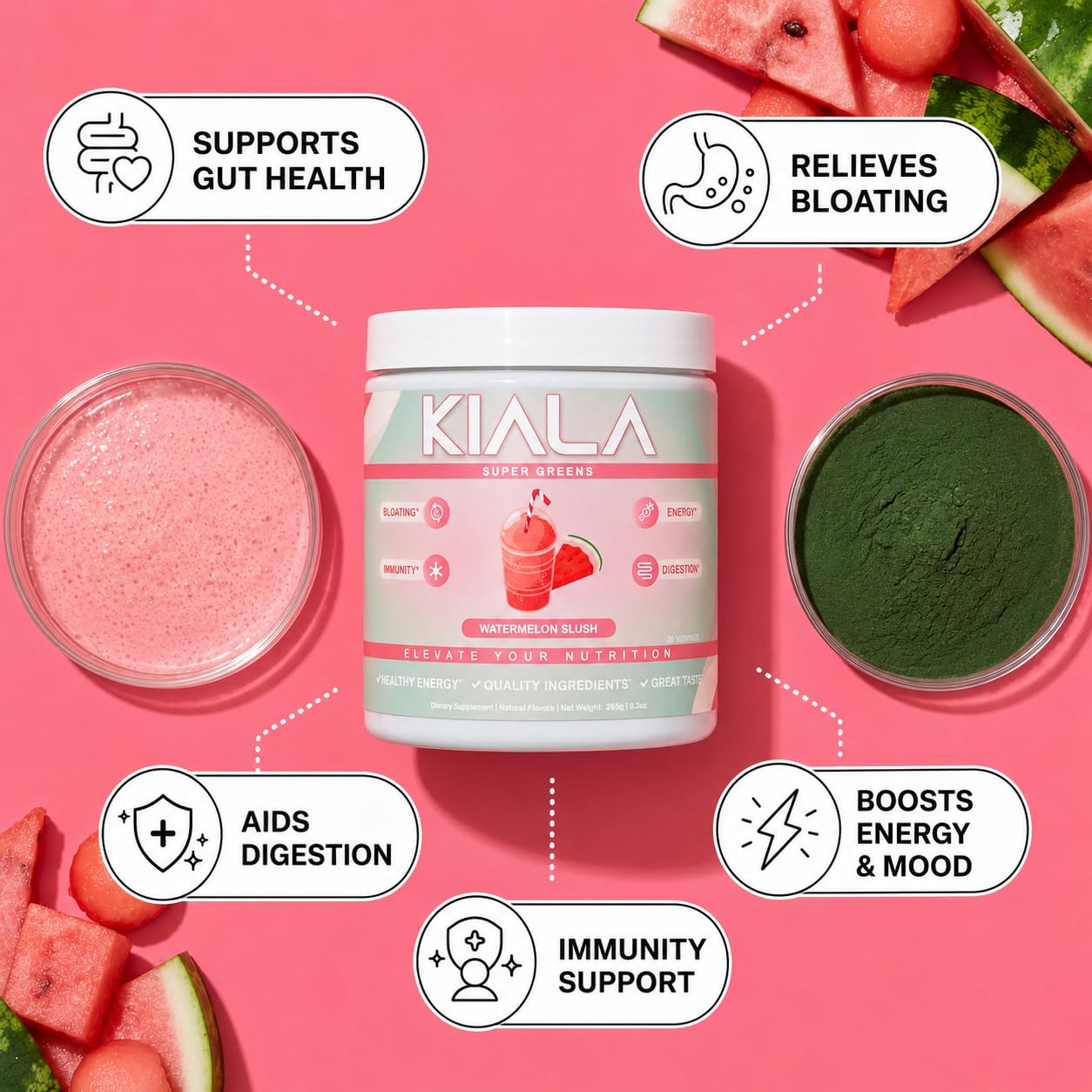 Kiala Nutrition Super Greens, Organic Greens Powder with Spirulina & Chlorella for Digestion, Gut Health, Immunity, Adaptogens, Energy, Gluten Free, Vegan, Sugar Free, Watermelon Slush, 30 Servings