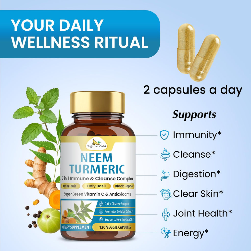 Organic Veda Neem Turmeric Capsules - 5 in 1 Herbal Complex with Amla Fruit, Holy Basil, Black Pepper - Immune, Cleanse, Skin & Gut Health Supplement with Vitamin C & Antioxidants 120 Vegan Capsules