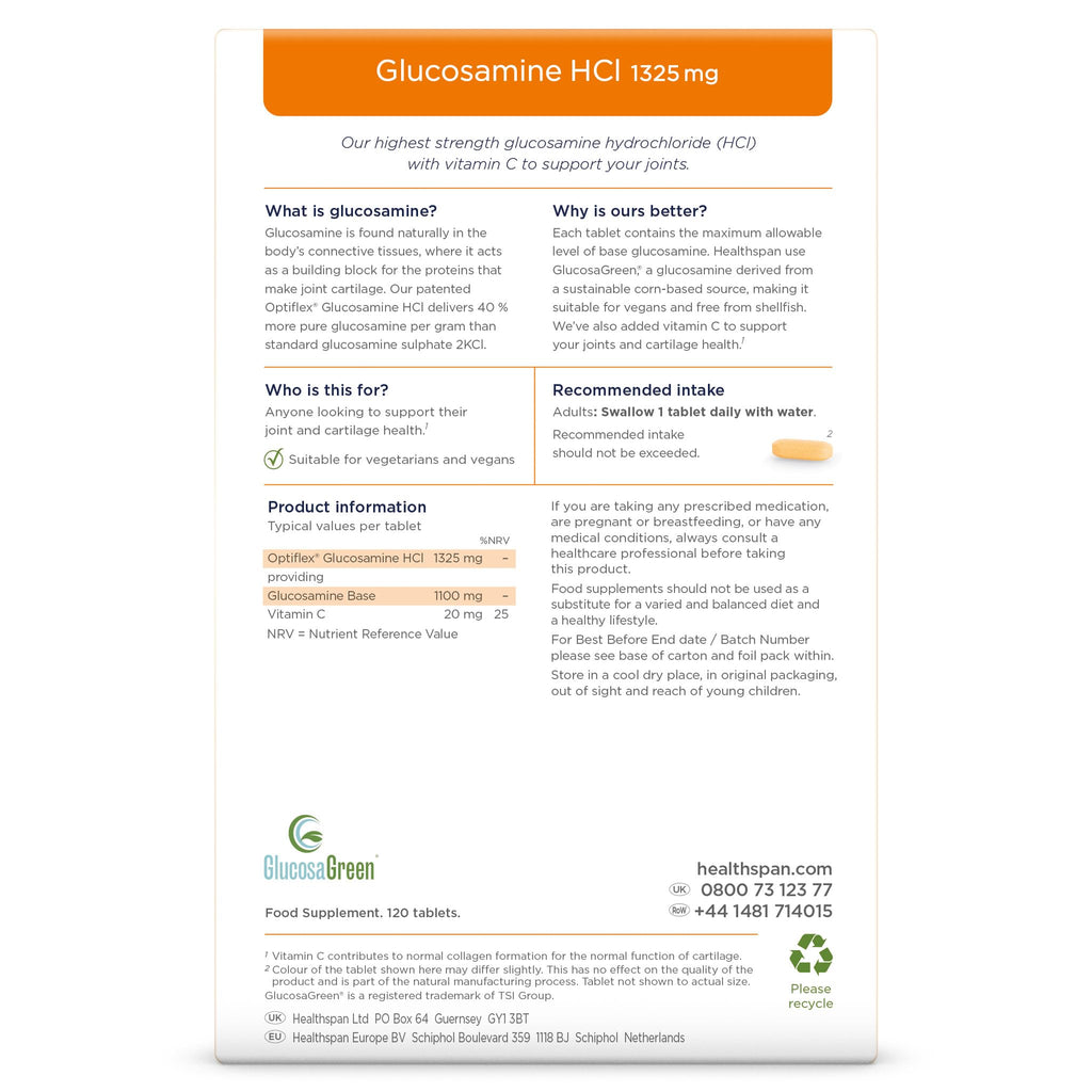 Healthspan Optiflex Glucosamine HCI 1,325mg with Vitamin C | Shellfish Free Vegan Tablets for Joint Health | 40% More glucosamine Than Glucosamine Sulphate | Added Vitamin C (120 Tablets)