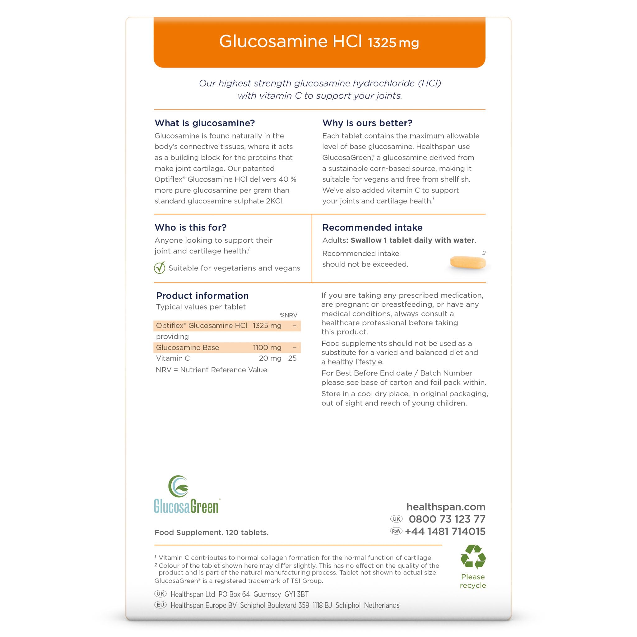 Healthspan Optiflex Glucosamine HCI 1,325mg with Vitamin C | Shellfish Free Vegan Tablets for Joint Health | 40% More glucosamine Than Glucosamine Sulphate | Added Vitamin C (120 Tablets)
