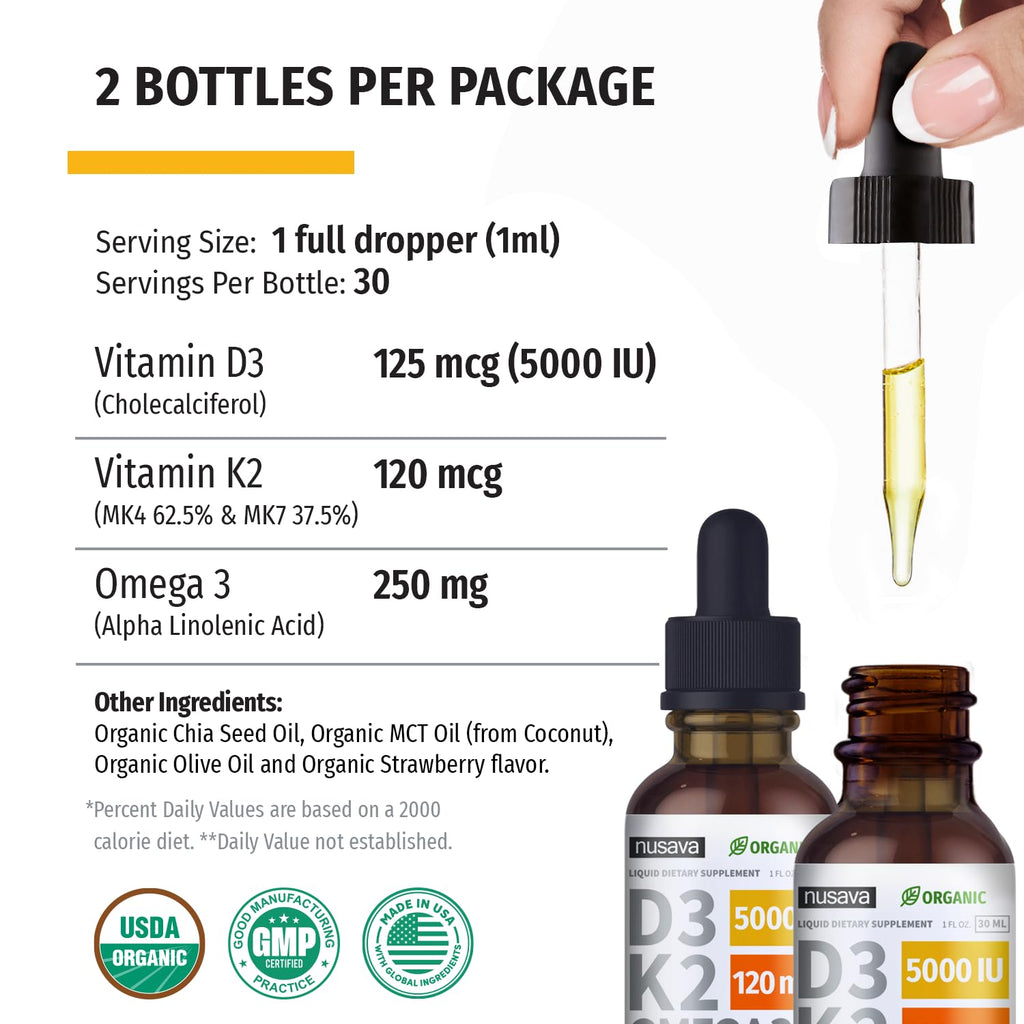 (2 Pack) Organic Vitamin D3 K2 Drops with MCT Oil & Omega 3 - Liquid Vitamin D3 5000 IU - K2 D3 Vitamin Supplement - Vitamin D Drops for Women & Men - No Fillers, Non-GMO, GMP, Strawberry (2 Fl Oz)