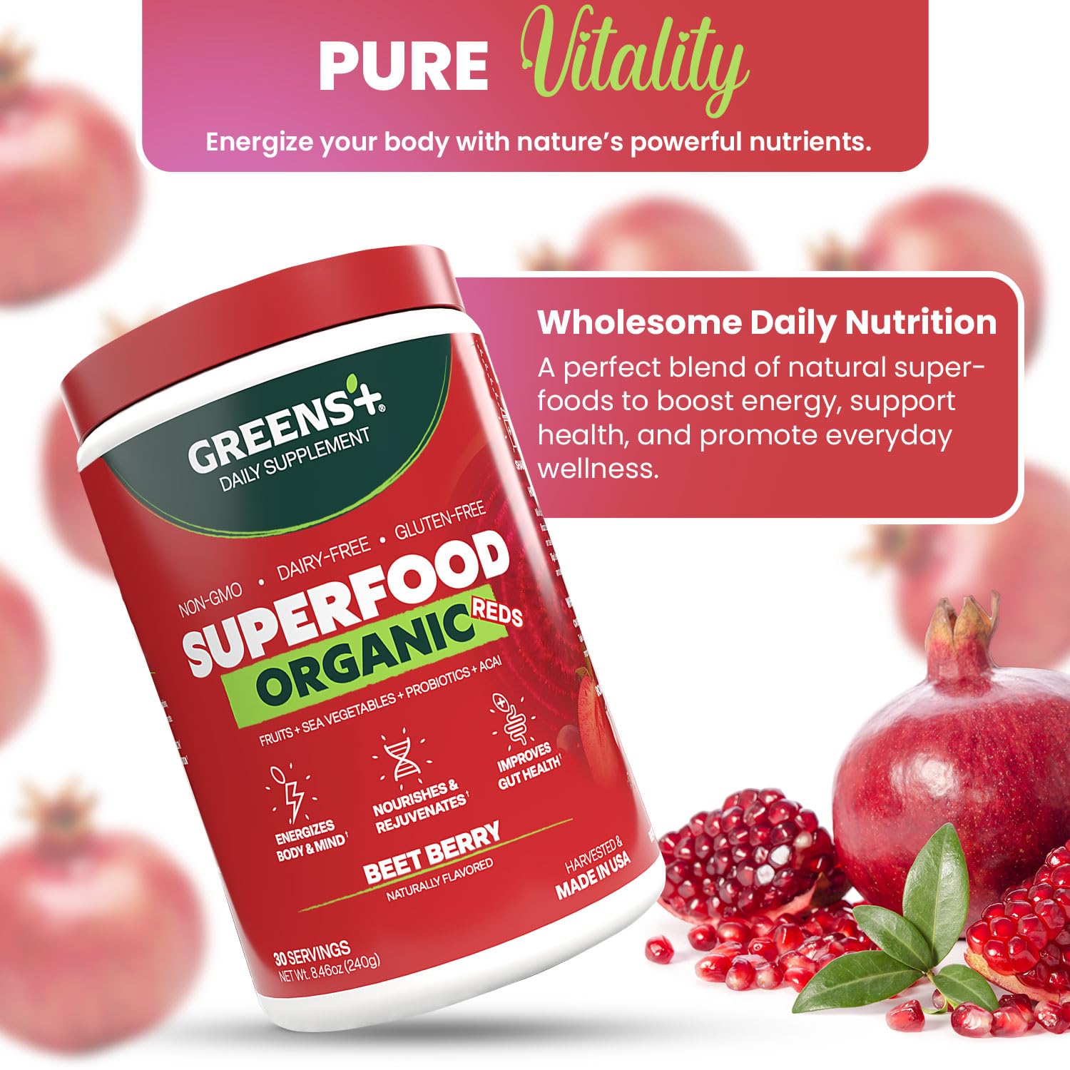 Greens+ Organic Reds Superfood Powder, Antioxidant, Polyphenol, Blend for Morning Kick, Energy, Vitality Boost, Nutrition, Vibrant Health, Vegan Soy/Dairy/Gluten Free(8.46oz)