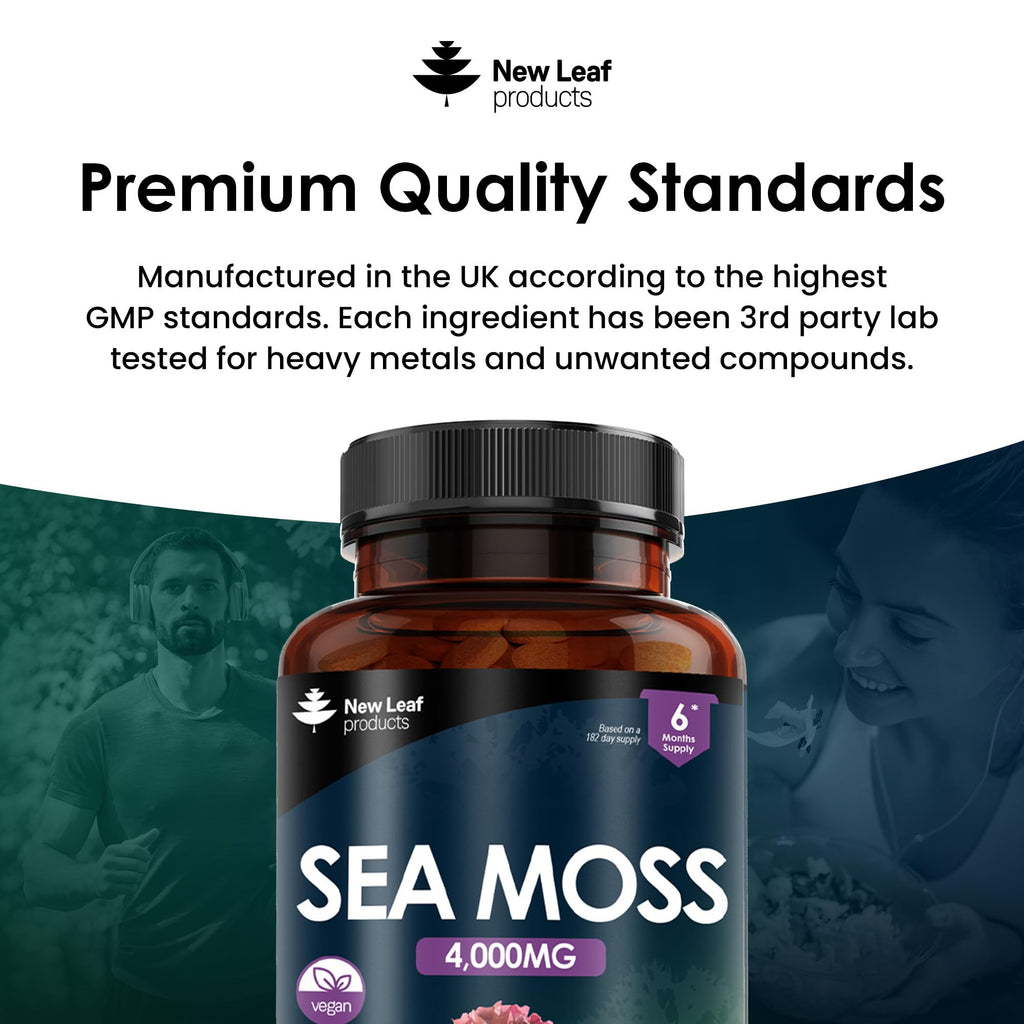 New Leaf Products Sea Moss Tablets Extract High Strength 4000mg - Sea Moss Supplement 365 Tablets (not sea Moss Capsule) High Potency - UK Made - Vegan - Non GMO