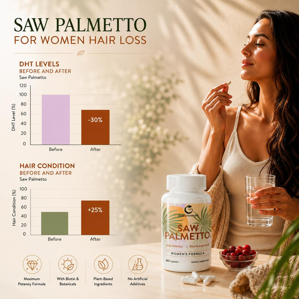 Gesundgeist Saw Palmetto for Women Hair Loss - DHT Blocker with 5-in-1 Blend for Hair Growth, Skin & Nails, Urinary Wellness - Extra Strength Saw Palmetto Supplement - 180 Capsules