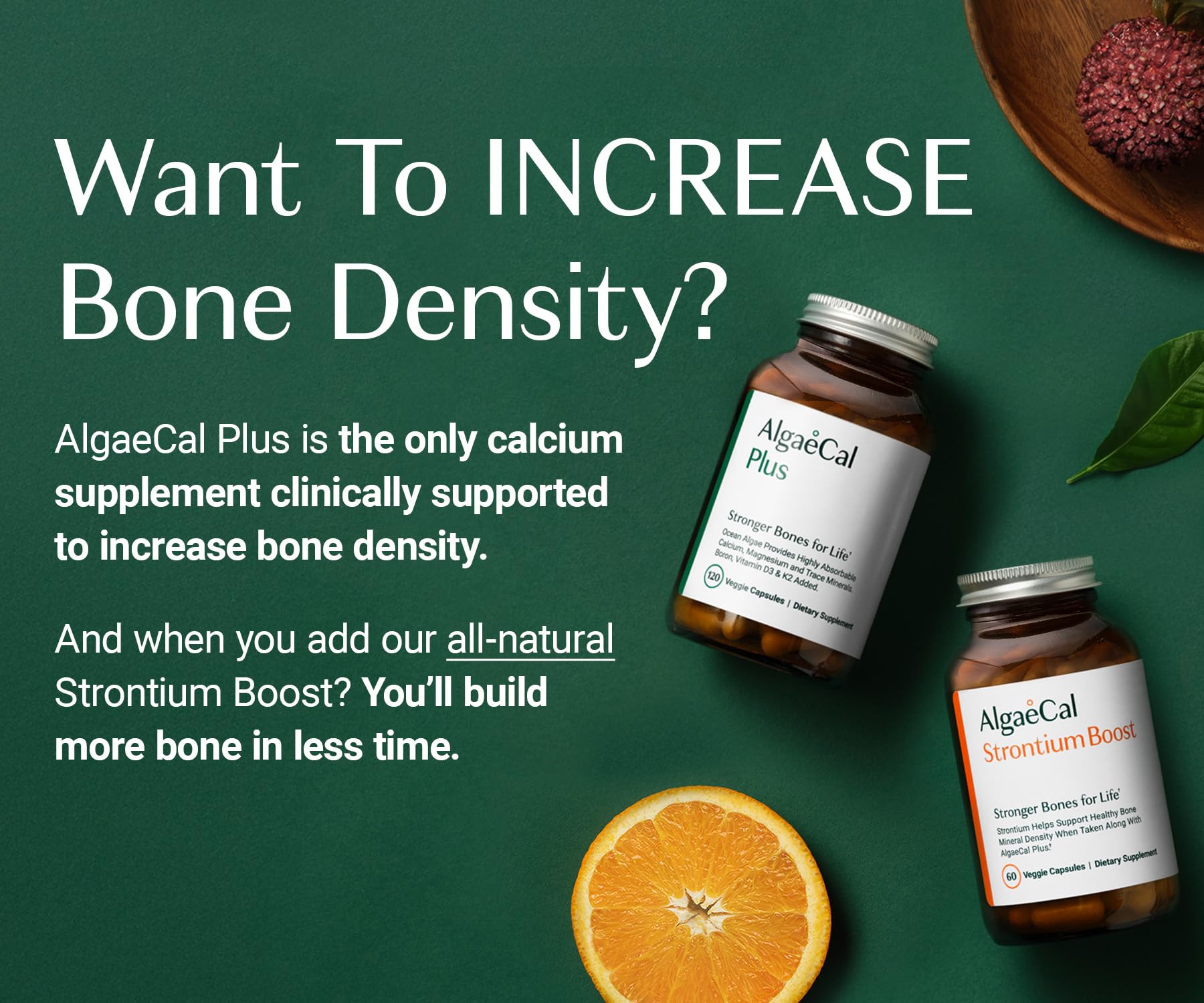 ALGAECAL Bone Builder Pack - Plant Based Calcium Supplement & Strontium - Organic Calcium 720mg with Vitamin D3 1600 IU, Vitamin K2, Magnesium, 16 Nutrients for Bone Health & Density (1-Month Supply)