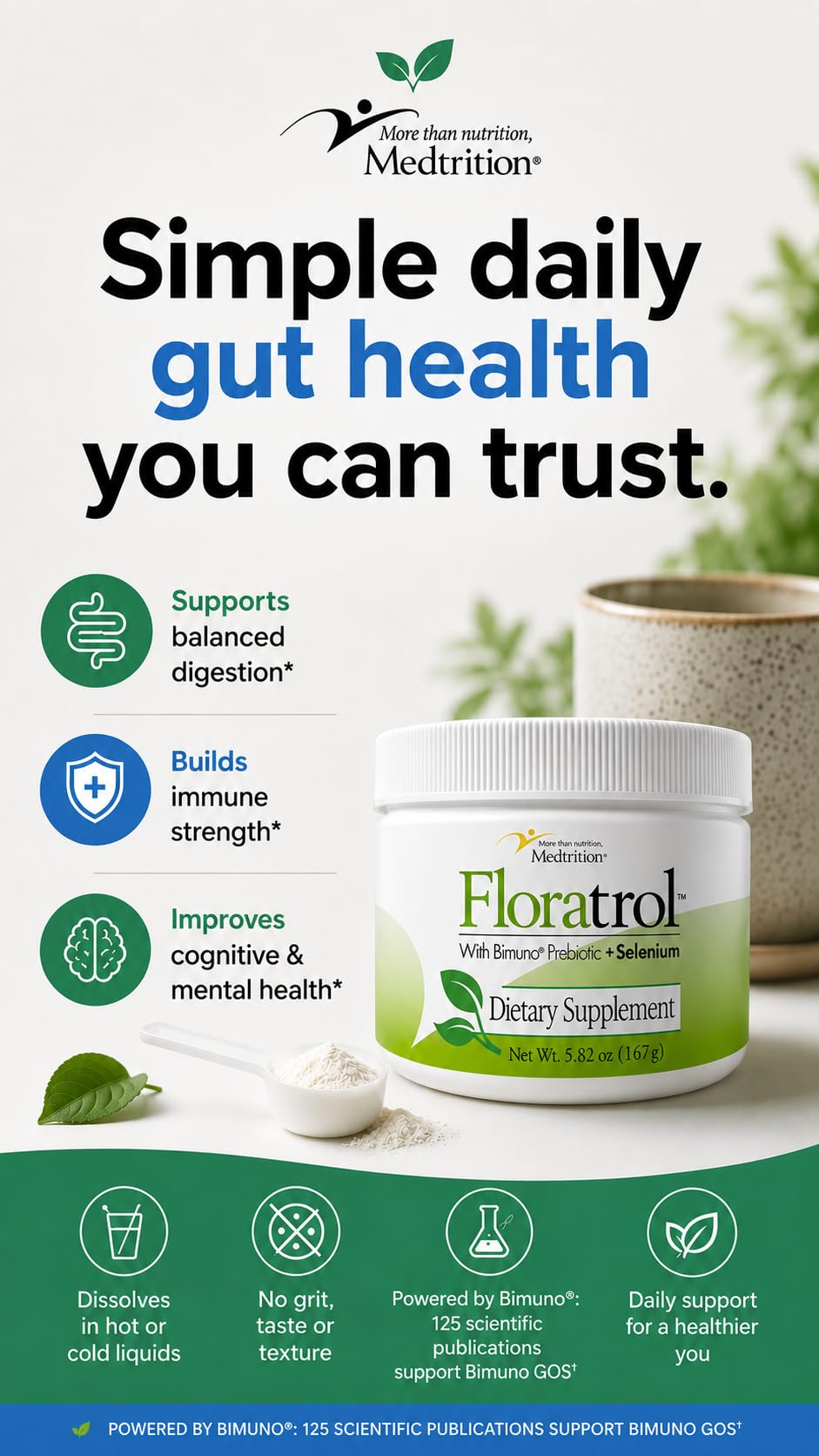 Medtrition Floratrol™ Prebiotic Fiber Powder for Digestive Health – Bimuno® GOS Prebiotic + Selenium – Supports Gut Health & Regularity – Dissolves Clear and Fast, No Grit or Taste, Small Serving