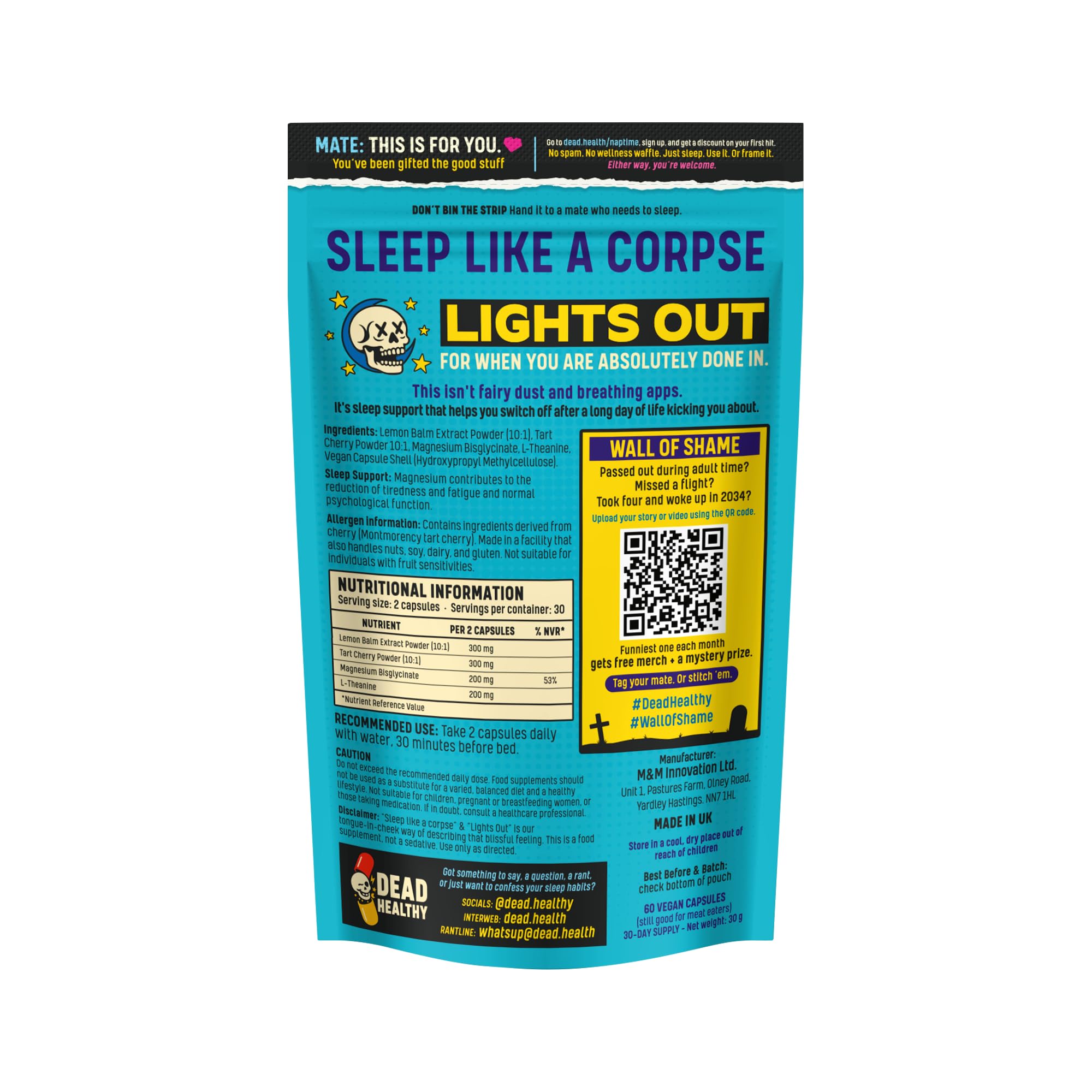 Dead Healthy Lights Out – Premium Night-Time Sleep Support with Magnesium, L-Theanine, Lemon Balm & Tart Cherry – 60 Vegan Capsules – Made in the UK