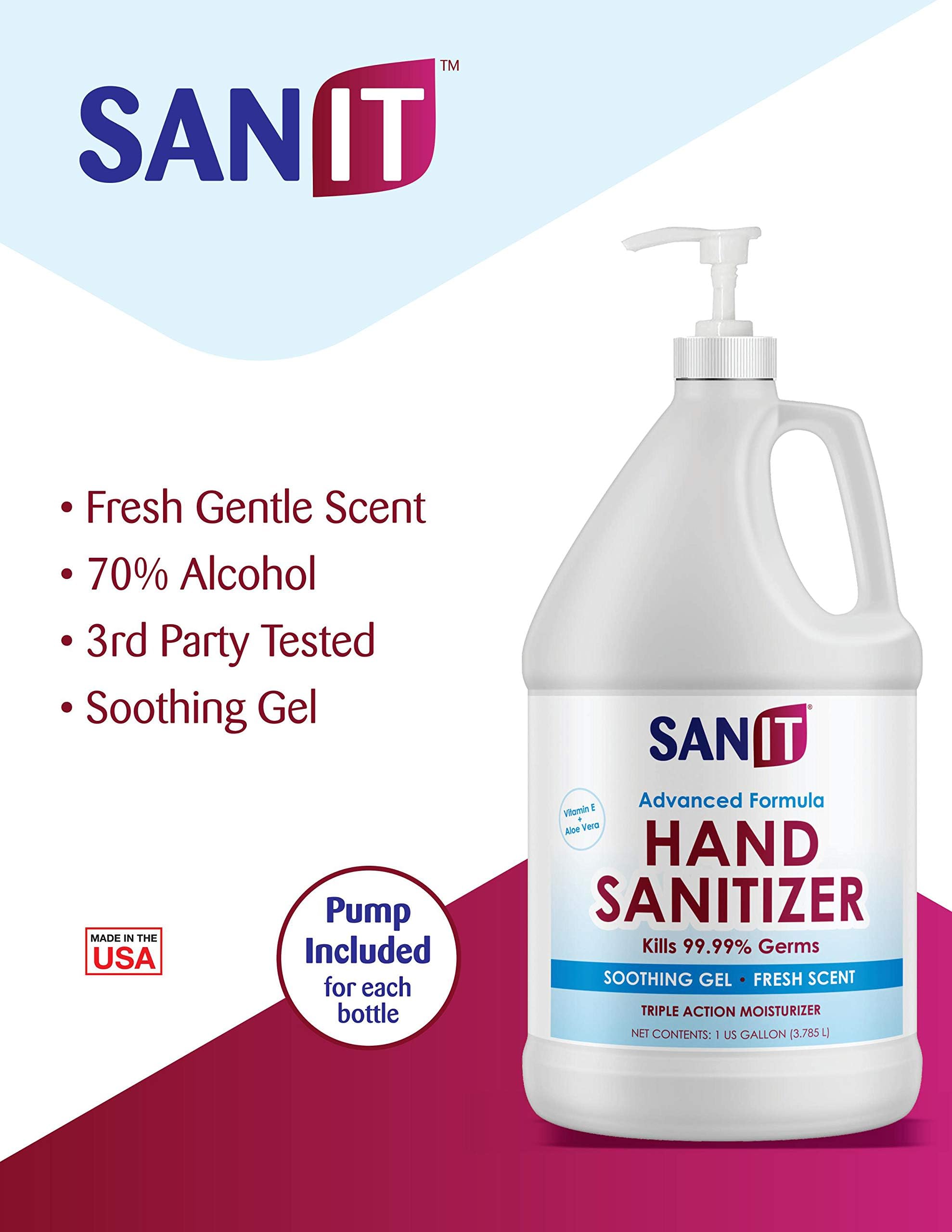 Sanit Moisturizing Hand Sanitizer Gel 70% Alcohol - Kills 99.99% Germs, Advanced Formula with Vitamin E and Aloe Vera - Soothing Gel, Fresh Scent, Made in USA - 1 Gallon with Pump & 2oz Refill Bottle